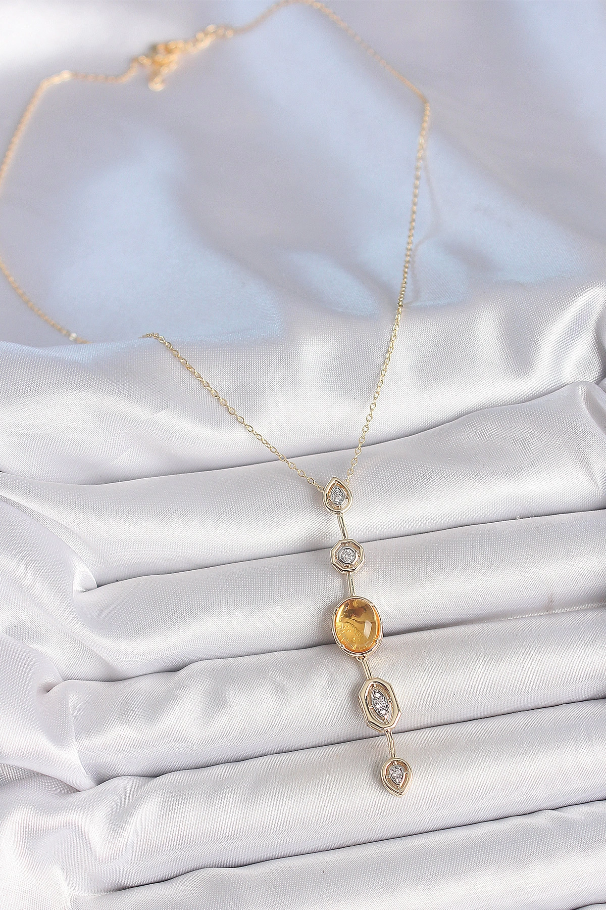 Pirinç Zincir Kehribar Sarı Gold Renk Zirkon Taşlı Y Kolye-1