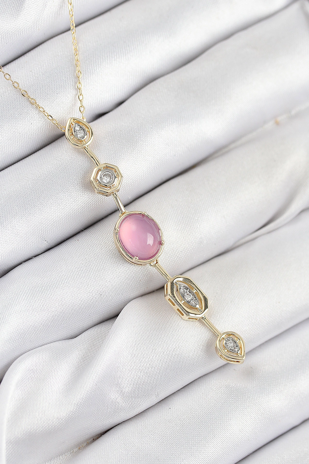 Pirinç Zincir Pembe Gold Renk Zirkon Taşlı Y Kolye-0