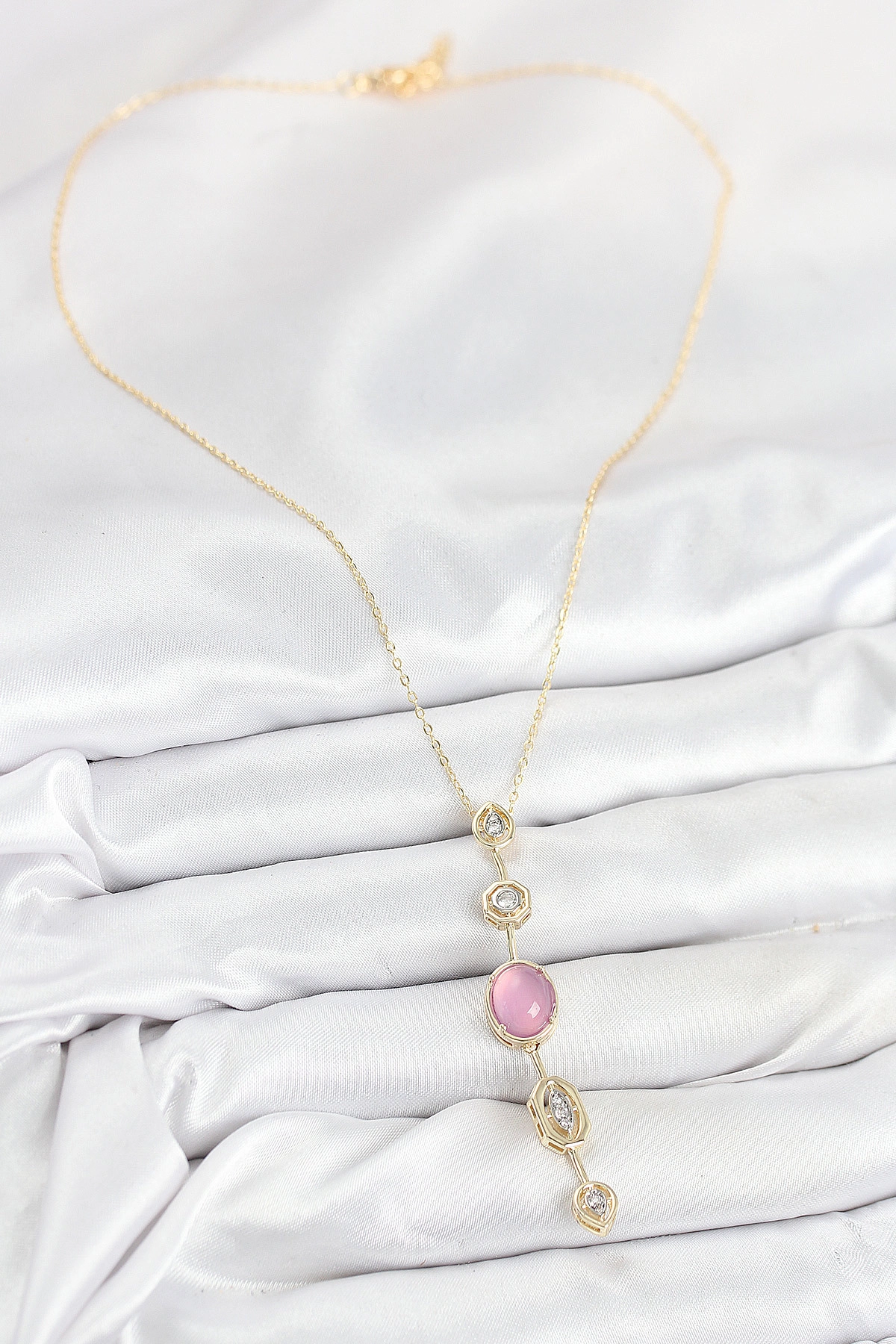 Pirinç Zincir Pembe Gold Renk Zirkon Taşlı Y Kolye-1