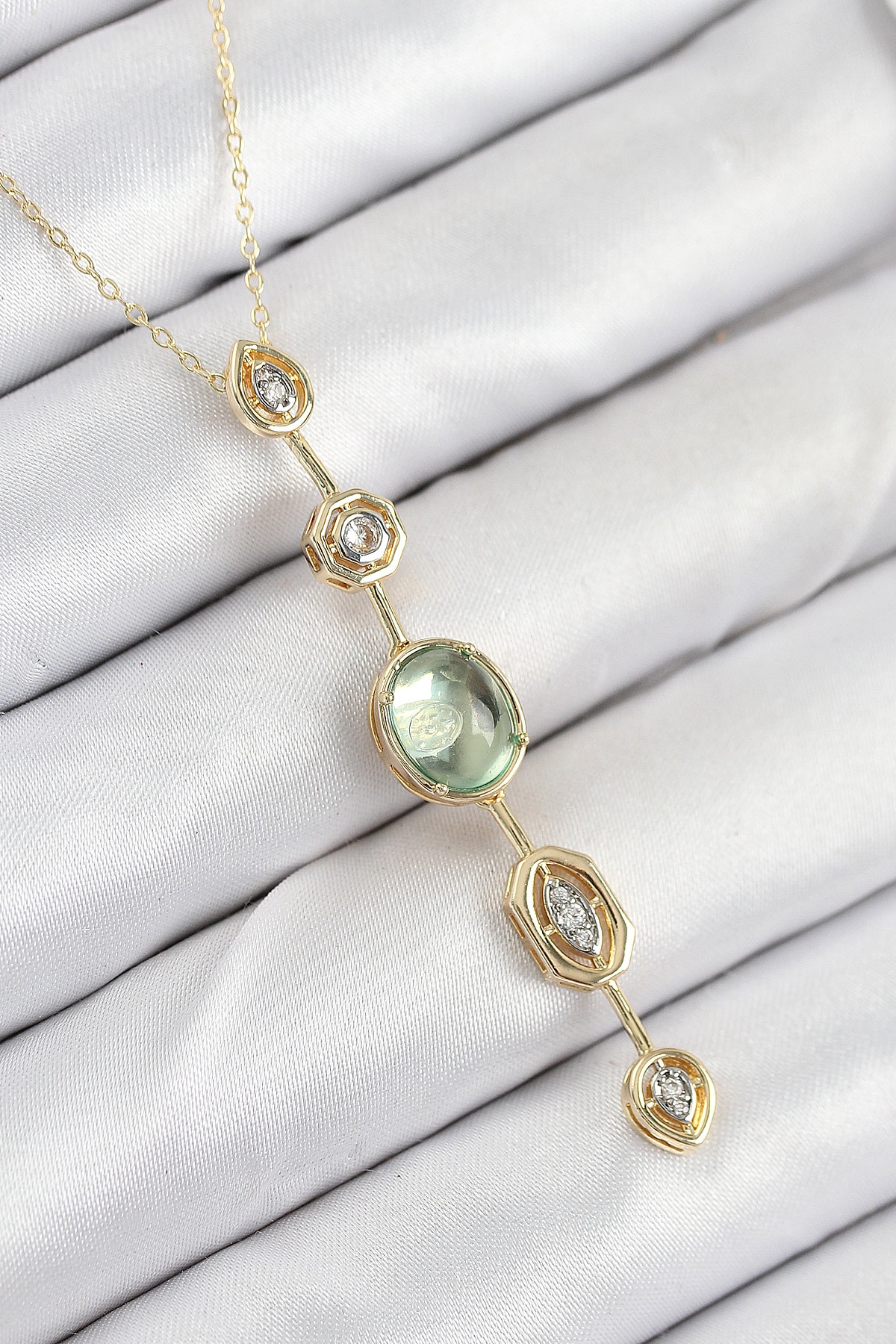 Pirinç Zincir Yeşil Gold Renk Zirkon Taşlı Y Kolye-0