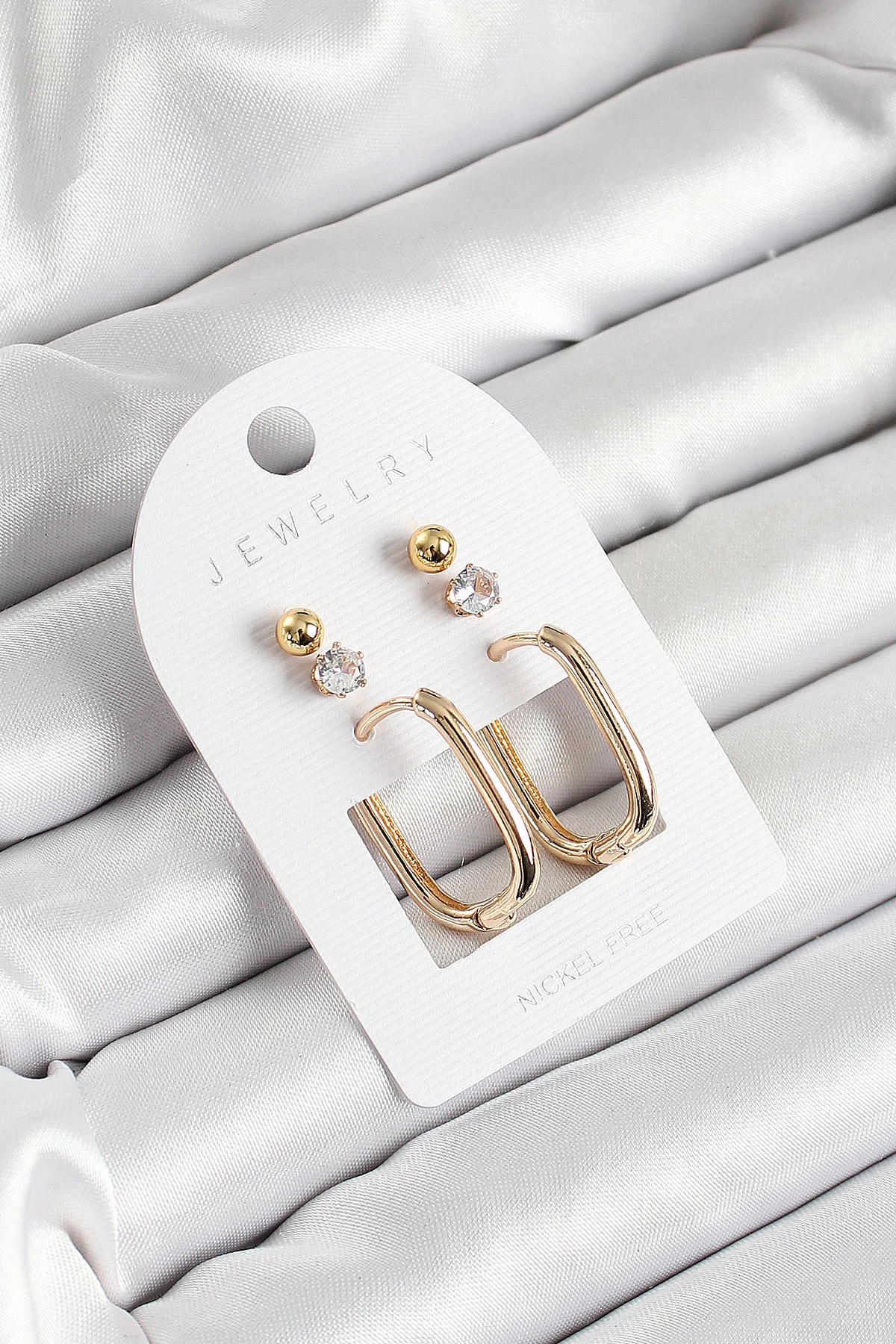 Pirinç Zirkon Taş Ve Dikdörtgen Figürlü Gold Renk 3'lü Çift Kadın Küpe Set-0