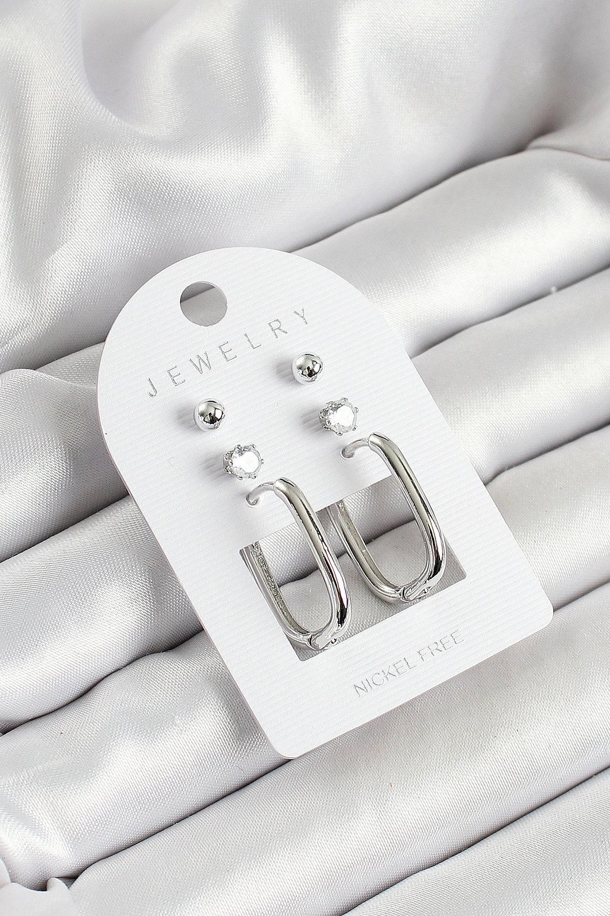 Pirinç Zirkon Taş Ve Dikdörtgen Figürlü Gümüş Renk 3'lü Çift Kadın Küpe Set-0