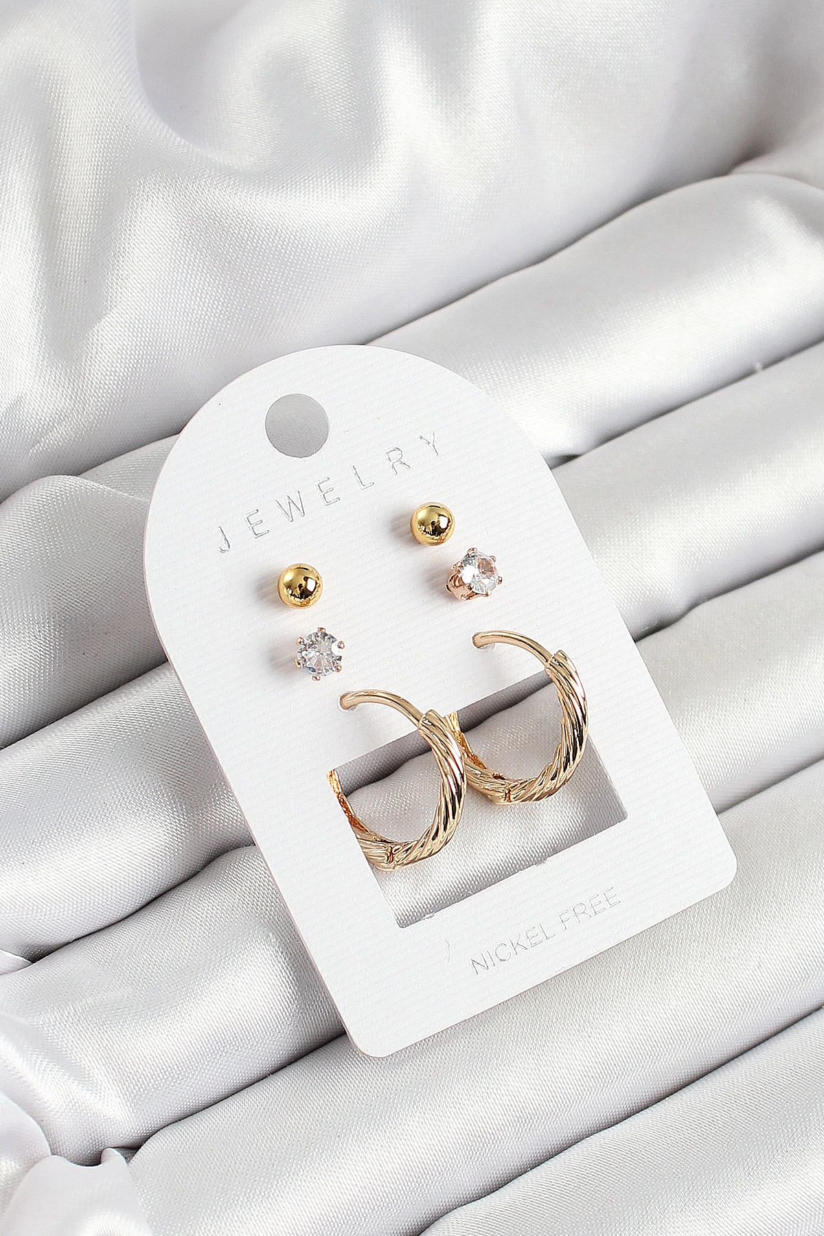 Pirinç Zirkon Taş Ve Halka Figürlü Gold Renk 3'lü Çift Kadın Küpe Set-0