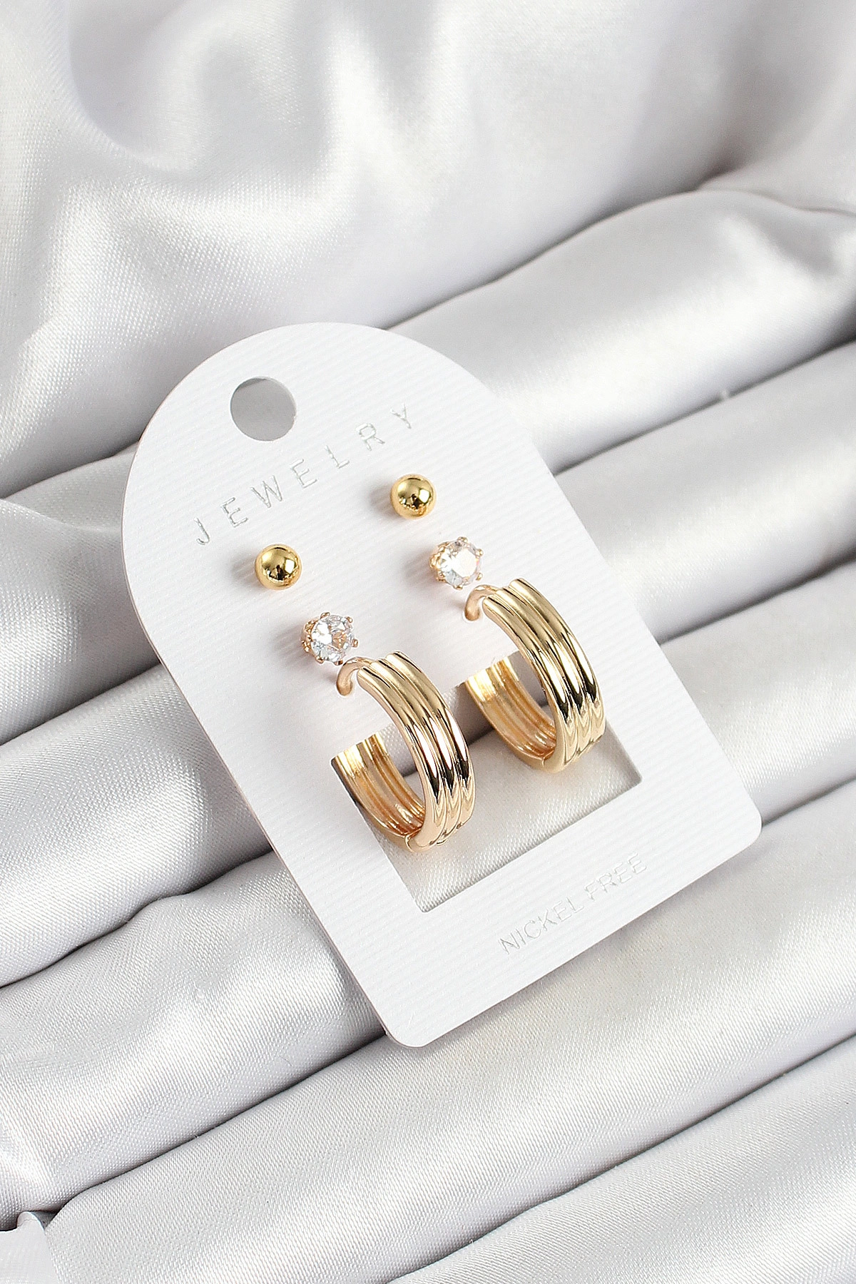 Pirinç Zirkon Taş Ve Halka Figürlü Gold Renk 3'lü Çift Kadın Küpe Set-0