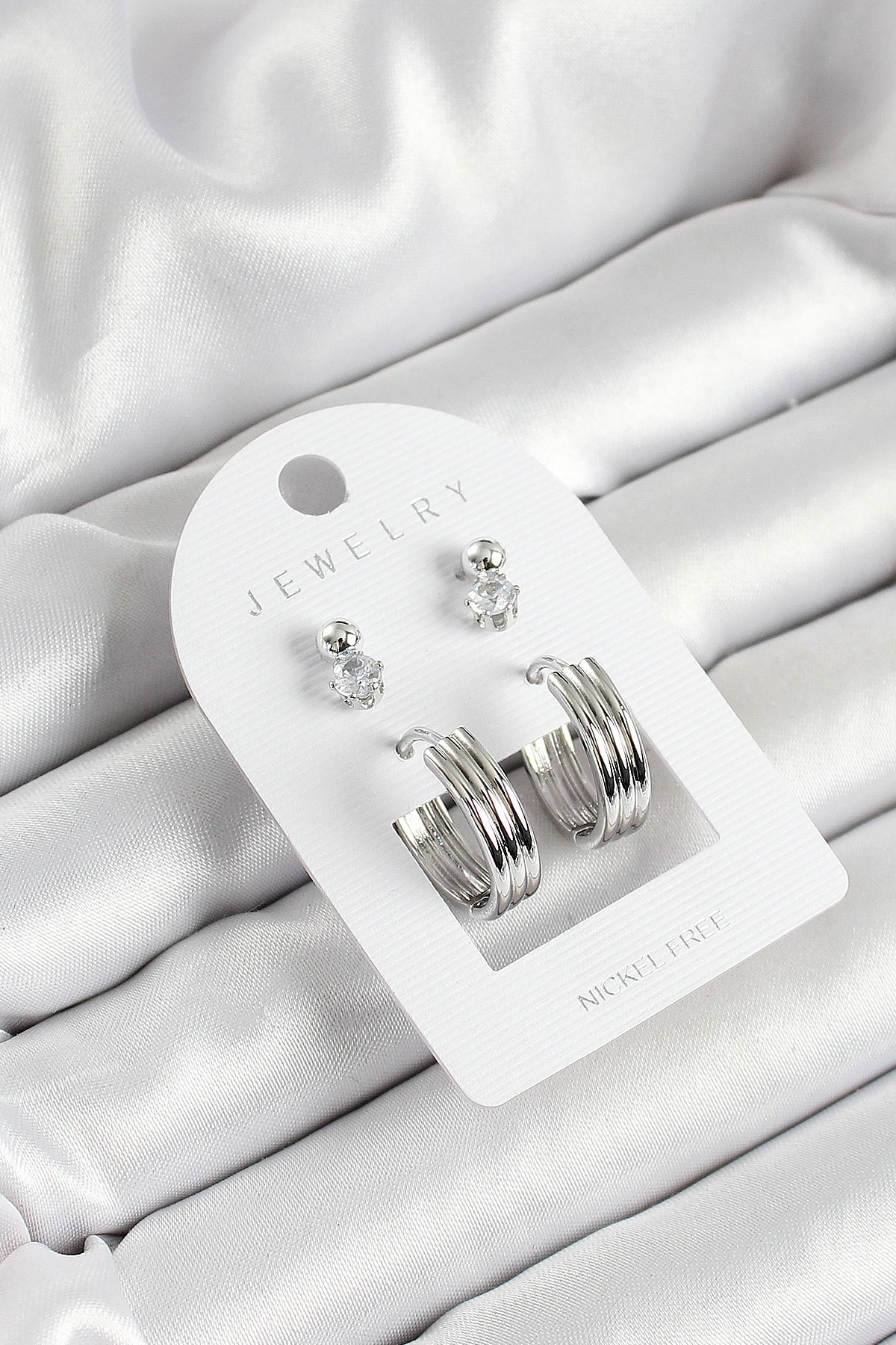 Pirinç Zirkon Taş Ve Halka Figürlü Gümüş Renk 3'lü Çift Kadın Küpe Set-0