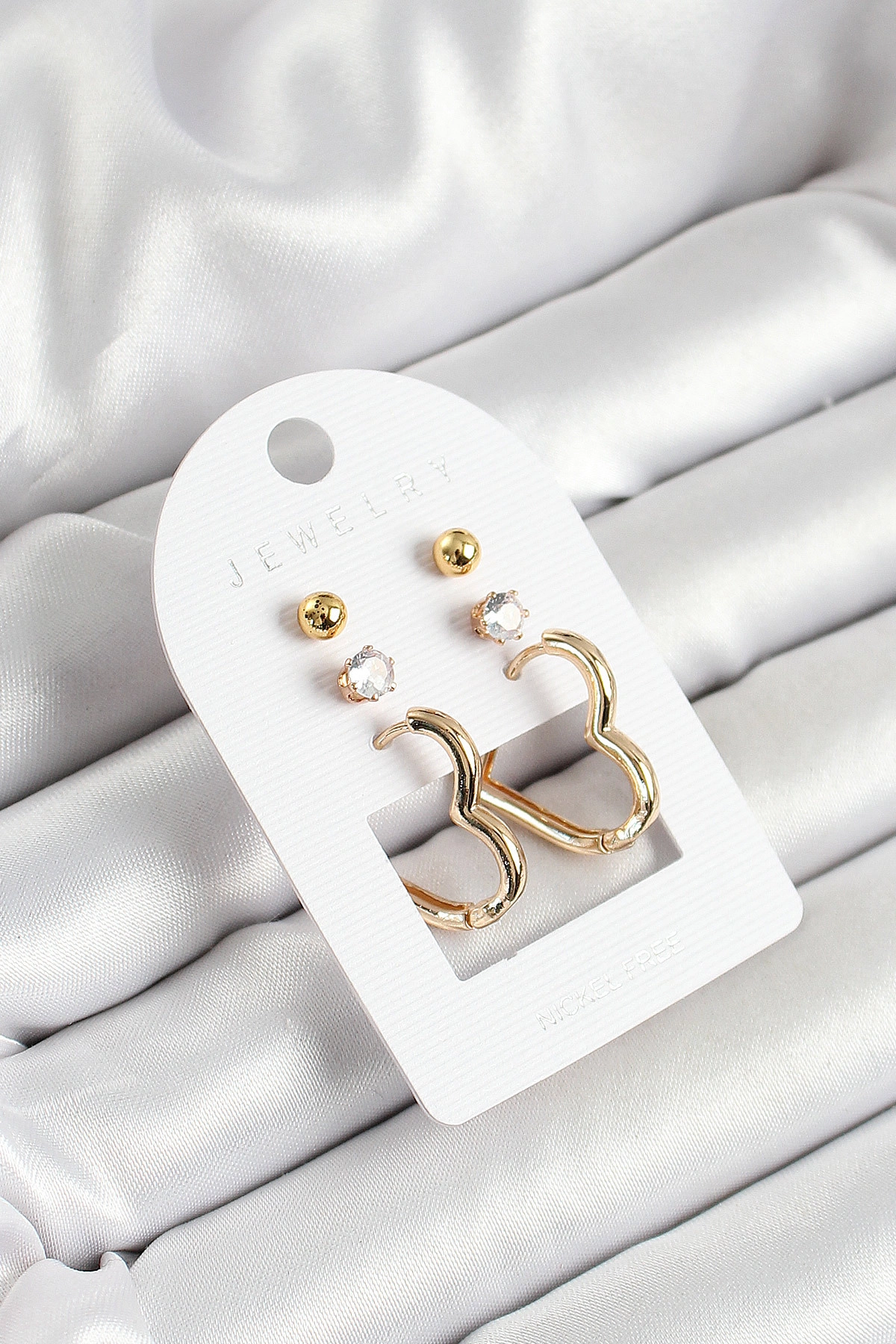 Pirinç Zirkon Taş Ve Kalp Figürlü Gold Renk 3'lü Çift Kadın Küpe Set-0