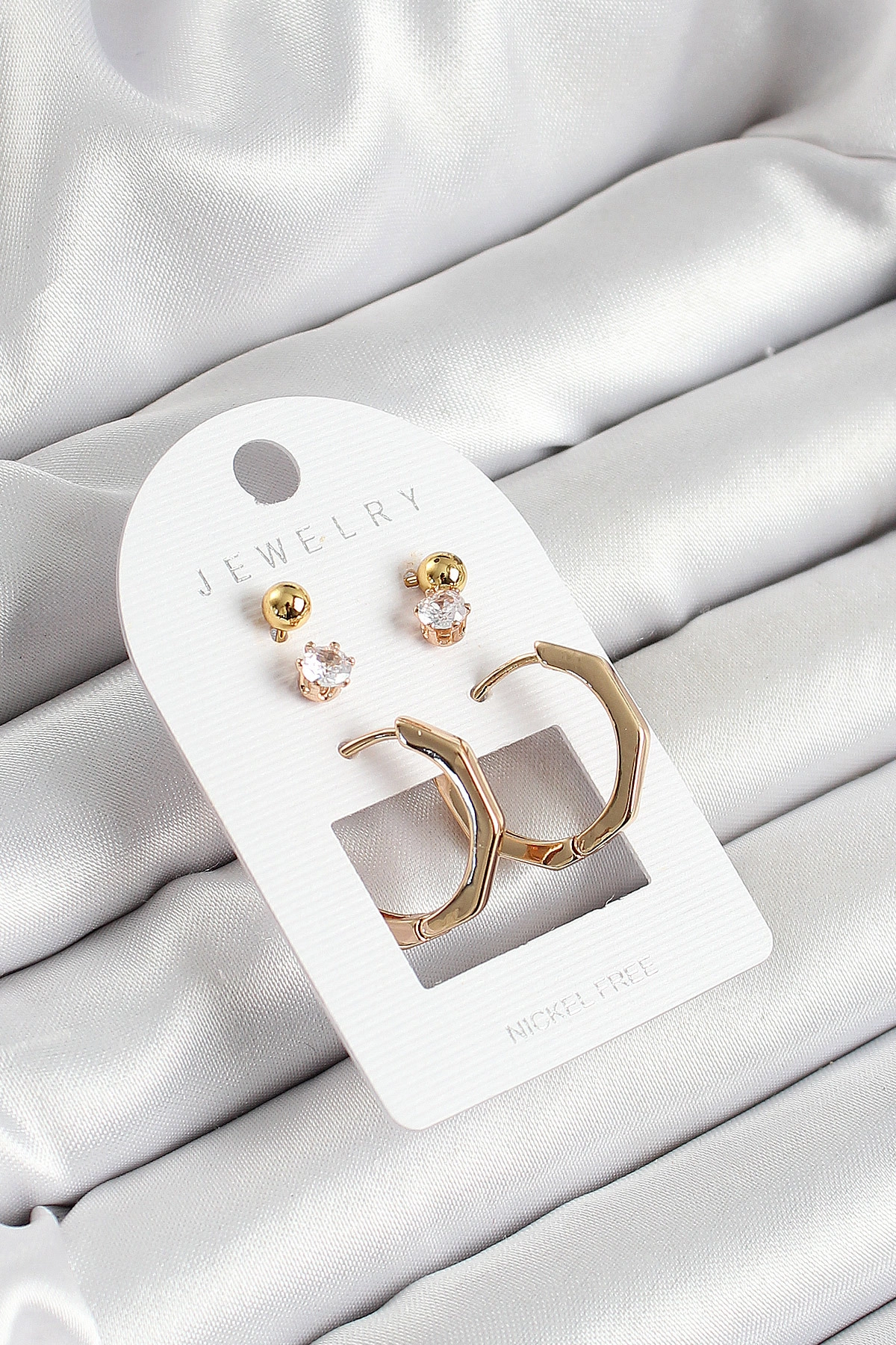 Pirinç Zirkon Taş Ve Kemik Halka Figürlü Gold Renk 3'lü Çift Kadın Küpe Set-0