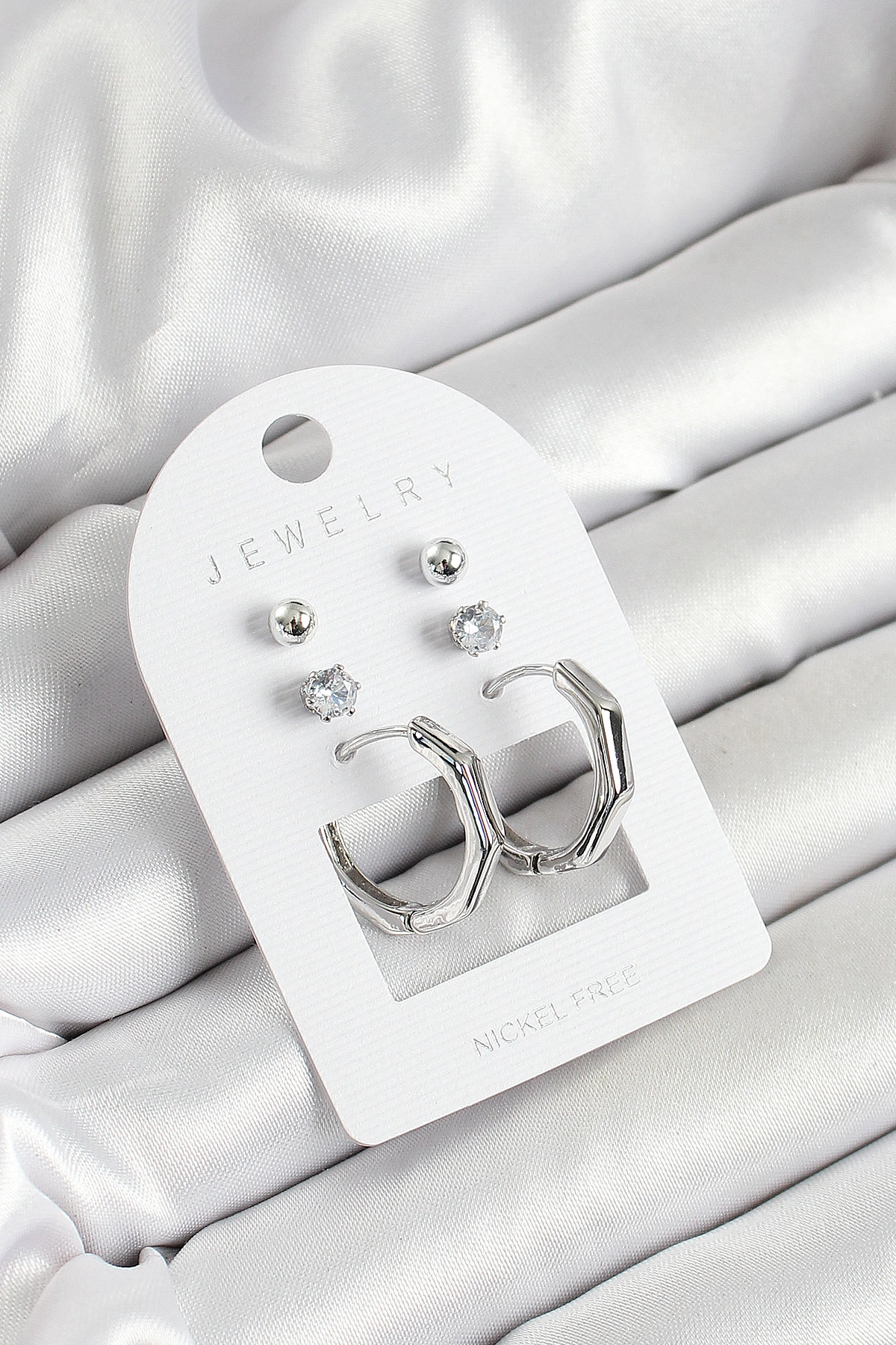 Pirinç Zirkon Taş Ve Kemik Halka Figürlü Gümüş Renk 3'lü Çift Kadın Küpe Set-0