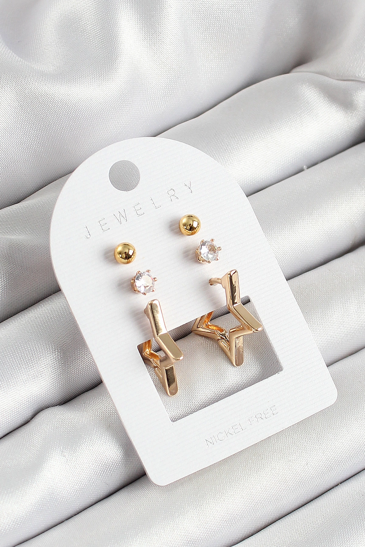 Pirinç Zirkon Taş Ve Yıldız Figürlü Gold Renk 3'lü Çift Kadın Küpe Set-0
