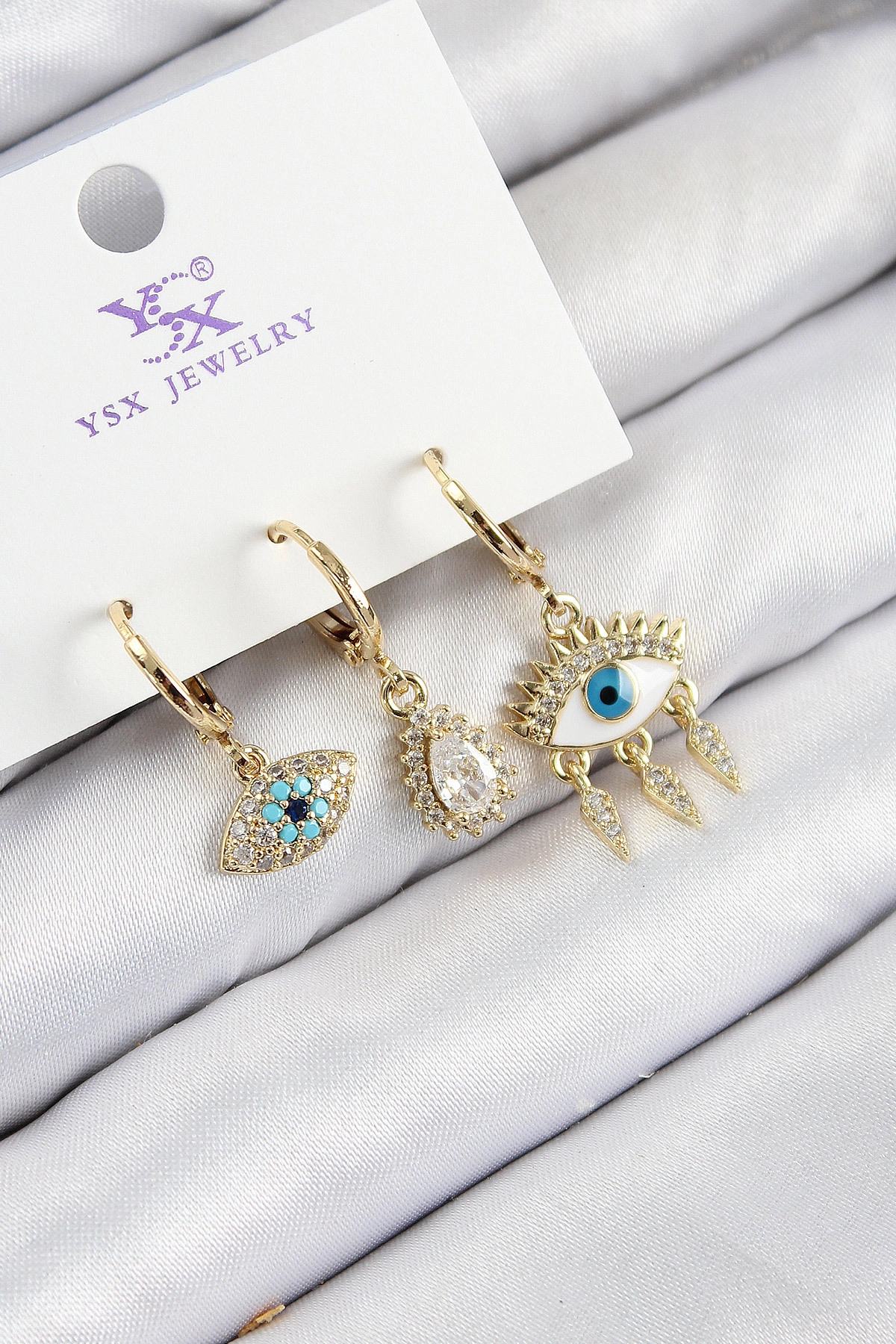 Pirinç Zirkon Taşlı 3'lü Fatma'nın Gözü Model Gold Renk Kadın Küpe-0