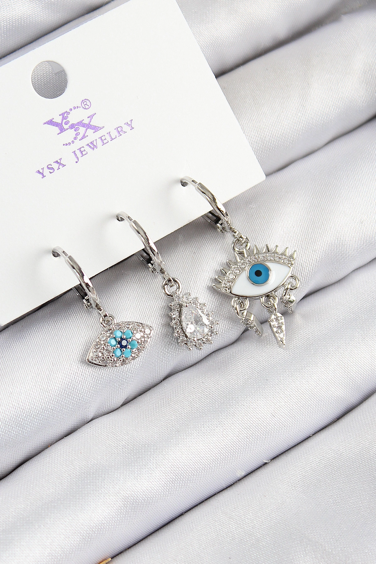 Pirinç Zirkon Taşlı 3'lü Fatma'nın Gözü Model Gümüş Renk Kadın Küpe-0