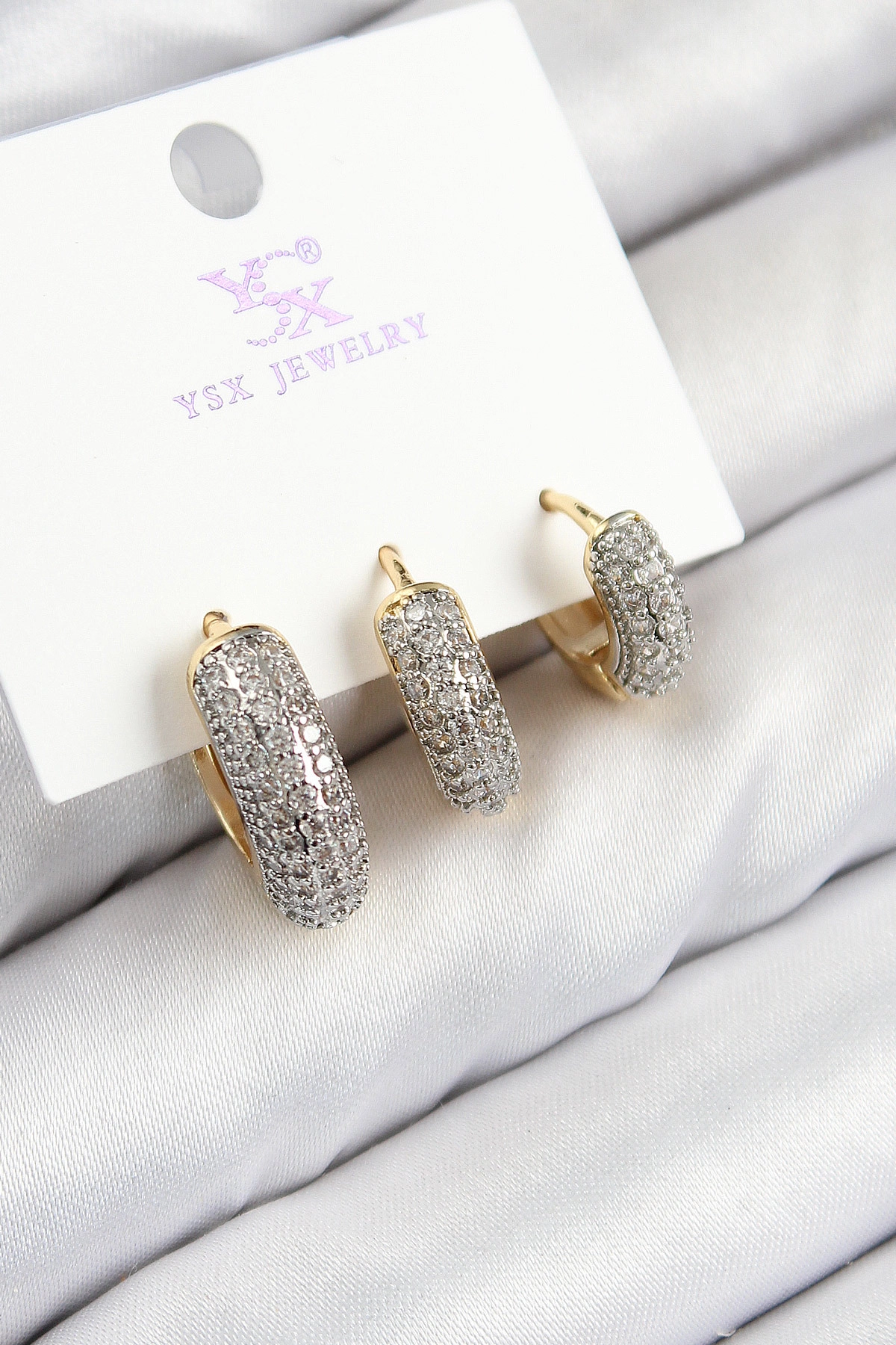 Pirinç Zirkon Taşlı 3'lü Halka Model Gold Ve Gümüş Renk Kadın Küpe-0