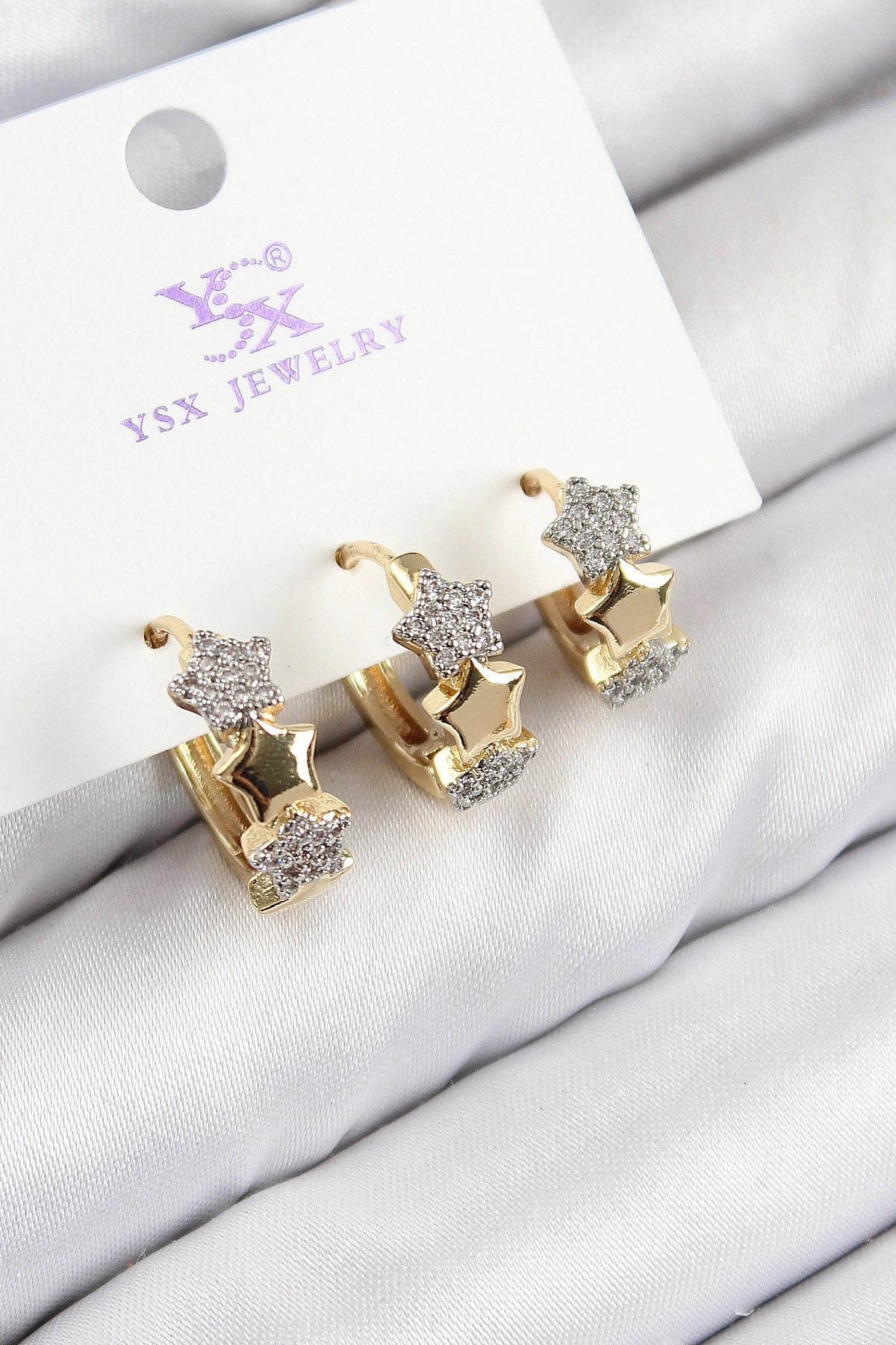 Pirinç Zirkon Taşlı 3'lü Halka Yıldız Model Gold Ve Gümüş Renk Kadın Küpe-0