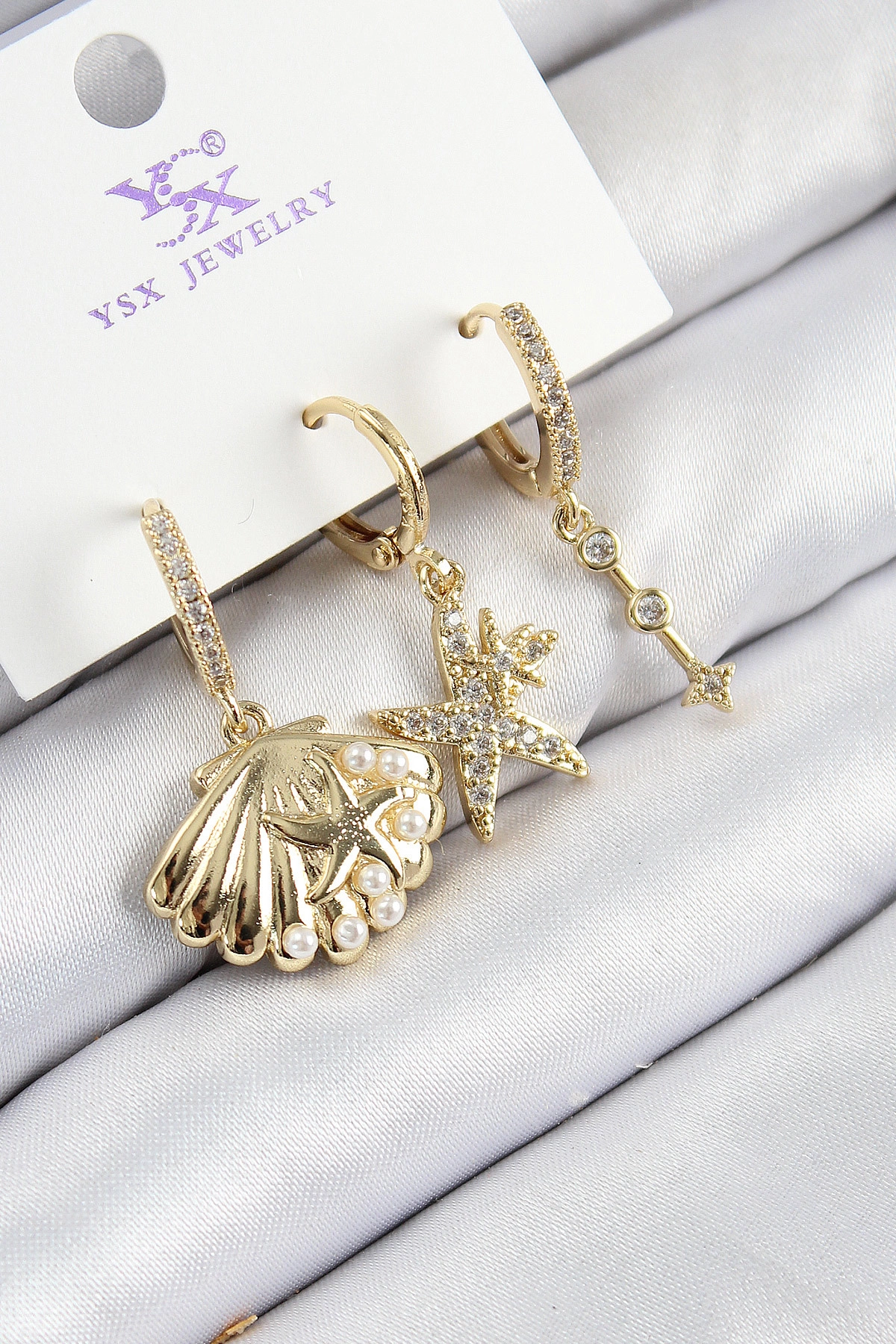 Pirinç Zirkon Taşlı 3'lü İstiridye Ve Yıldız Model Gold Renk Kadın Küpe-0