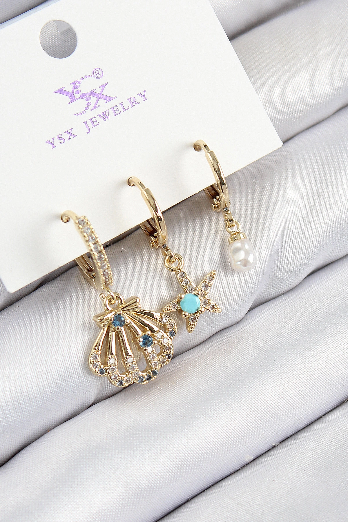 Pirinç Zirkon Taşlı 3'lü İstiridye Ve Yıldız Model Gold Renk Kadın Küpe-0