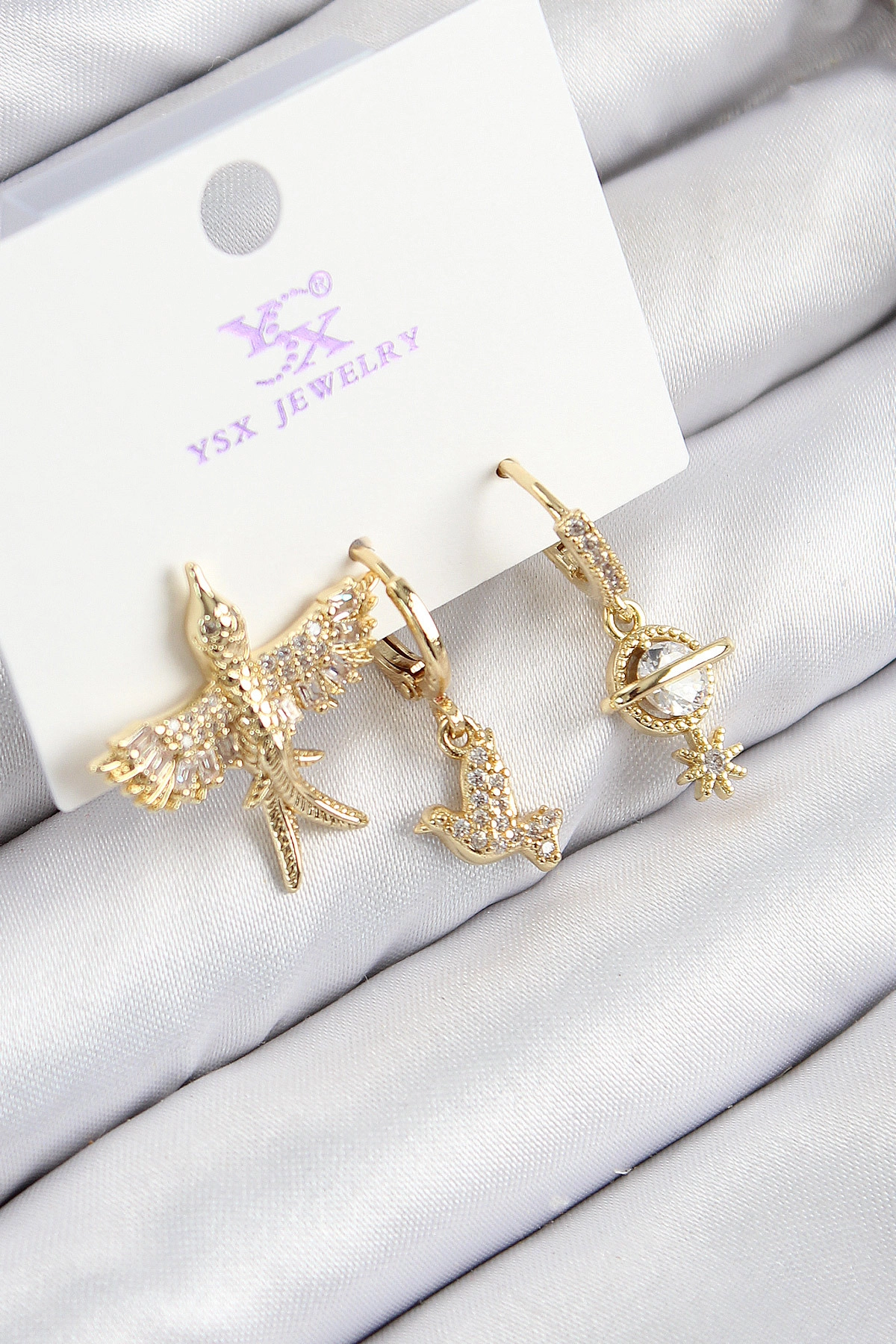 Pirinç Zirkon Taşlı 3'lü Kuş Model Gold Renk Kadın Küpe-0