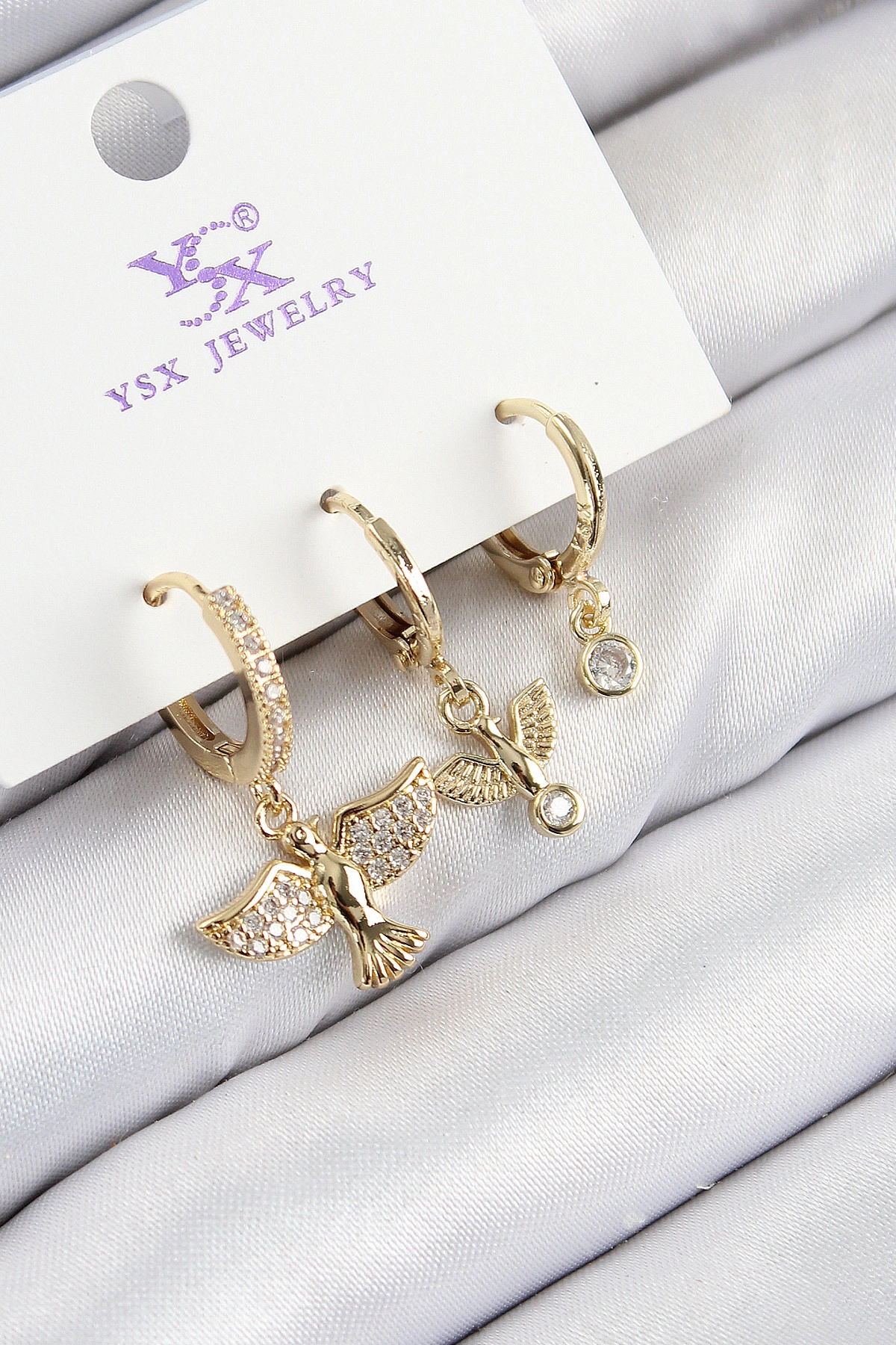 Pirinç Zirkon Taşlı 3'lü Kuş Model Gold Renk Kadın Küpe-0