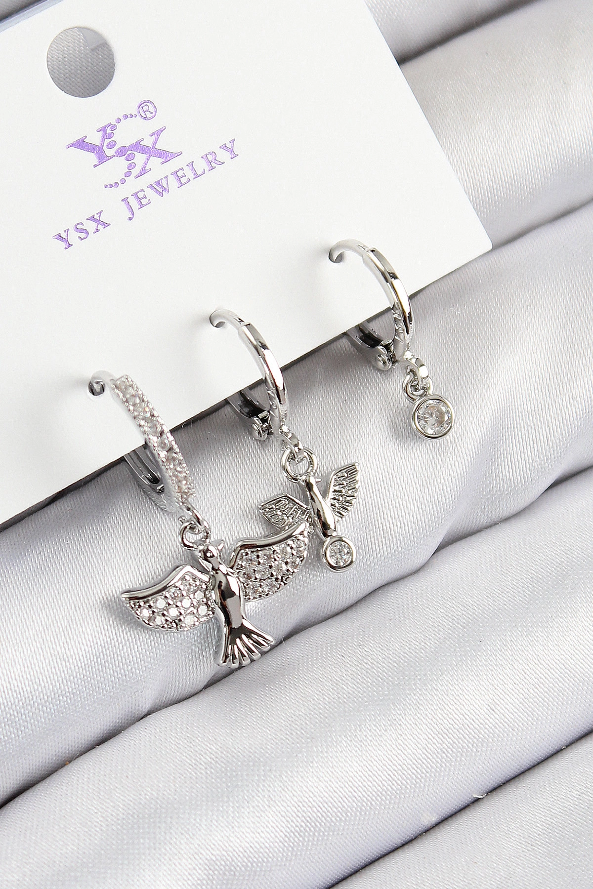 Pirinç Zirkon Taşlı 3'lü Kuş Model Gümüş Renk Kadın Küpe-0