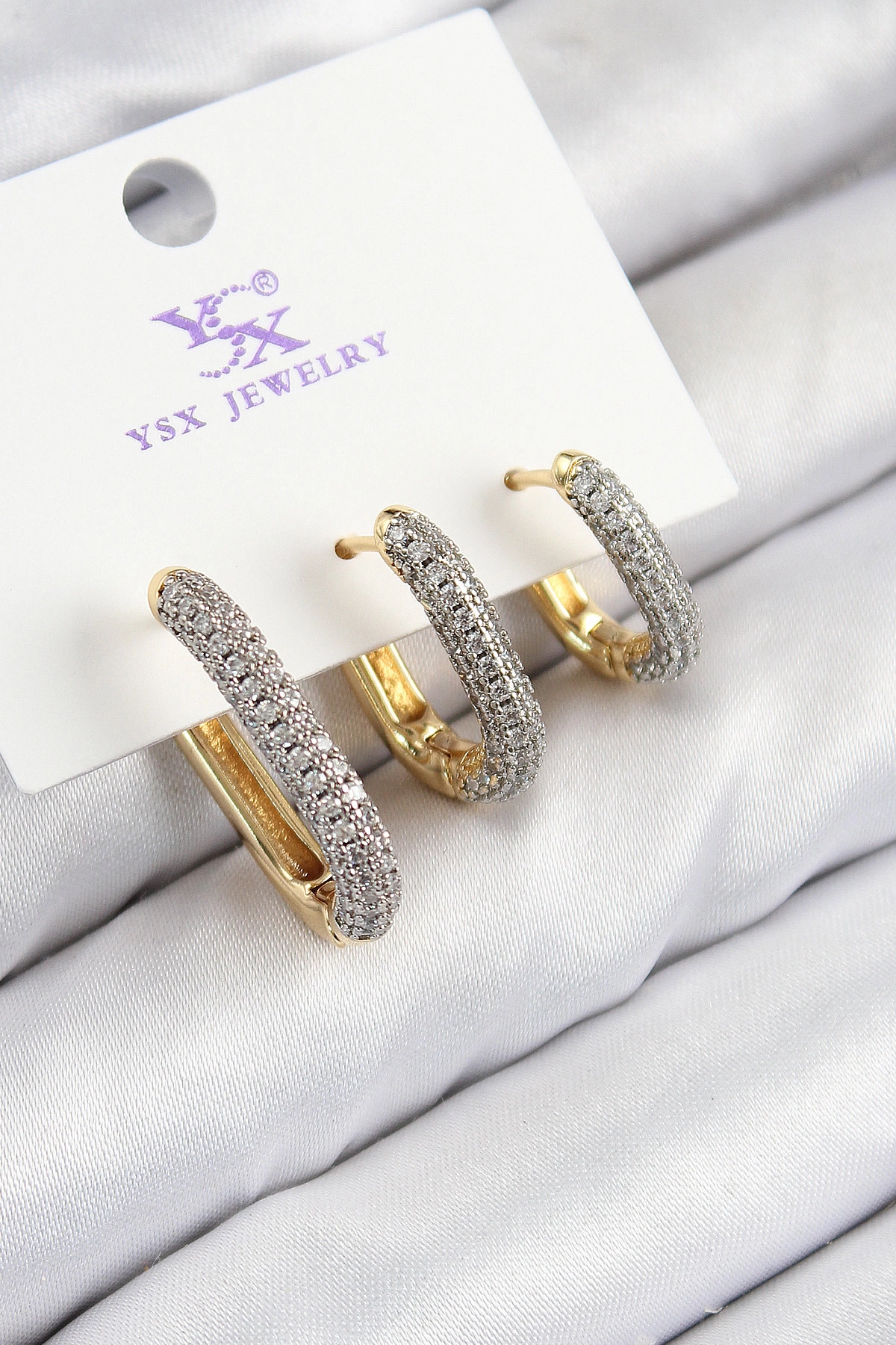 Pirinç Zirkon Taşlı 3'lü Oval Dikdörtgen Model Gold Ve Gümüş Renk Kadın Küpe-0