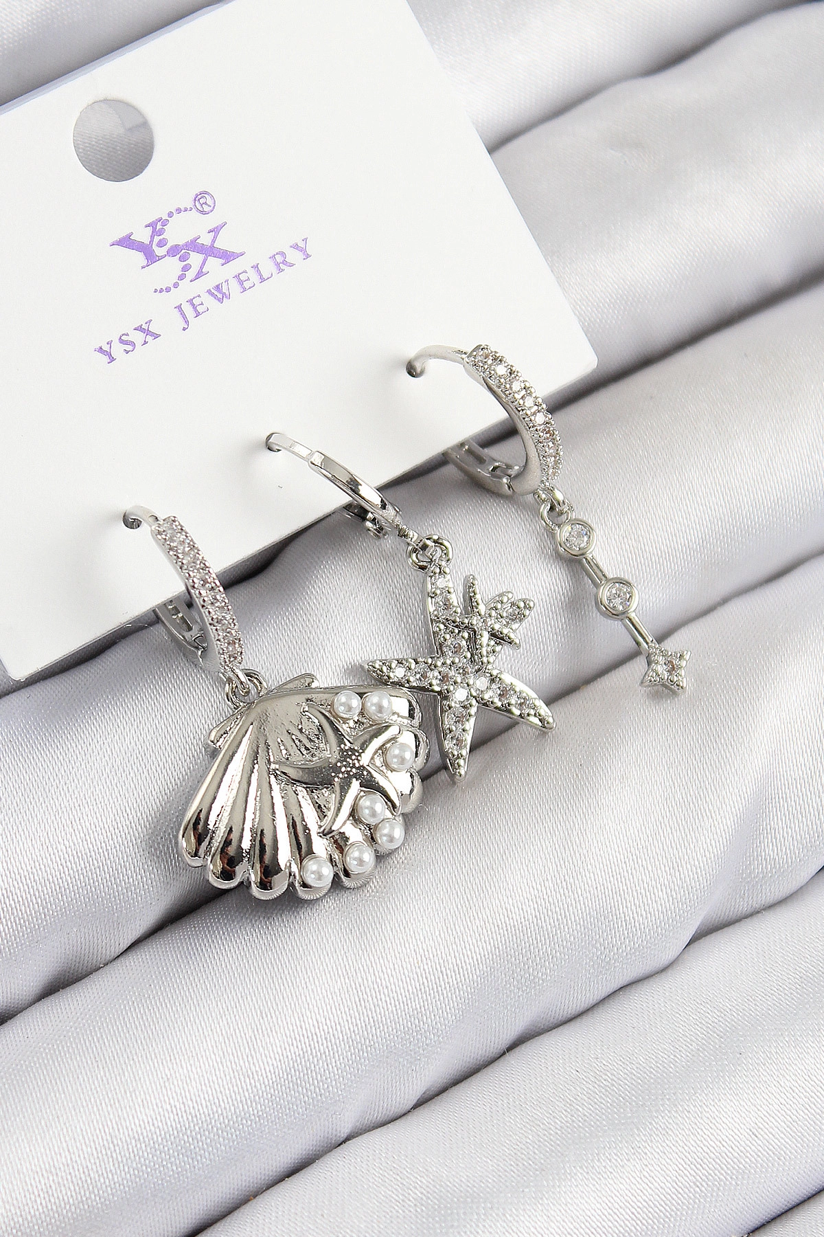 Pirinç Zirkon Taşlı 3'lü Yıldız Ve İstiridye Model Gümüş Renk Kadın Küpe-0