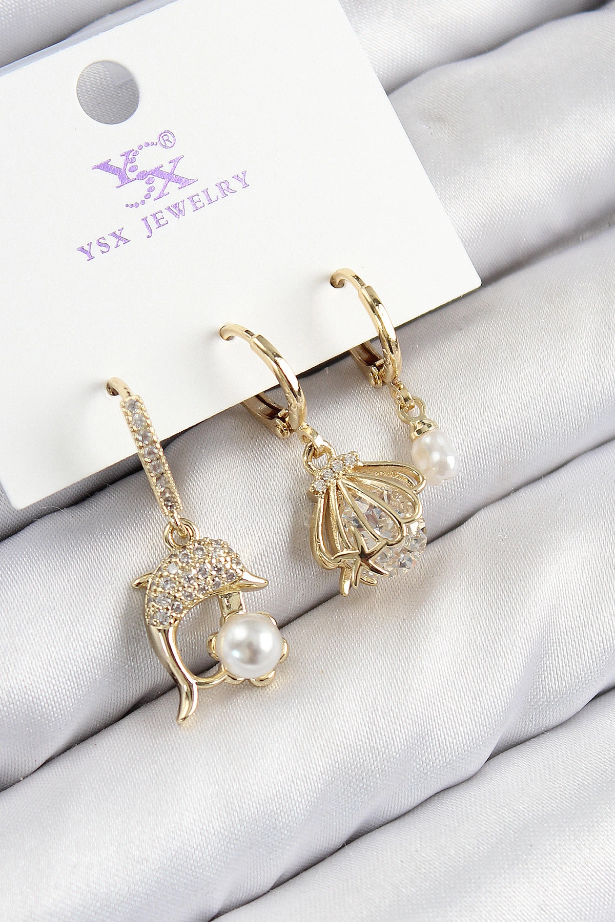 Pirinç Zirkon Taşlı 3'lü Yunus Balığı Ve İstiridye Model Gold Renk Kadın Küpe-0