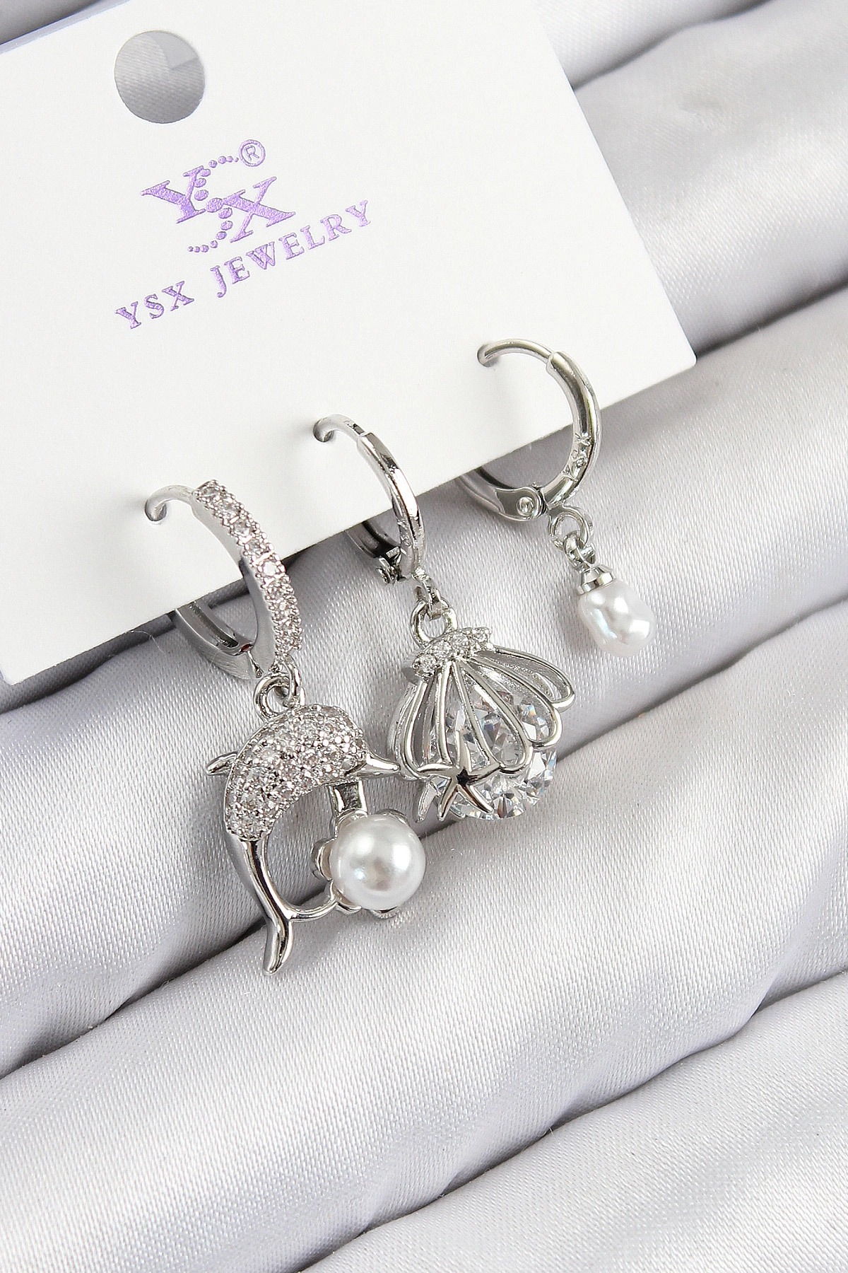 Pirinç Zirkon Taşlı 3'lü Yunus Balığı Ve İstiridye Model Gümüş Renk Kadın Küpe-0