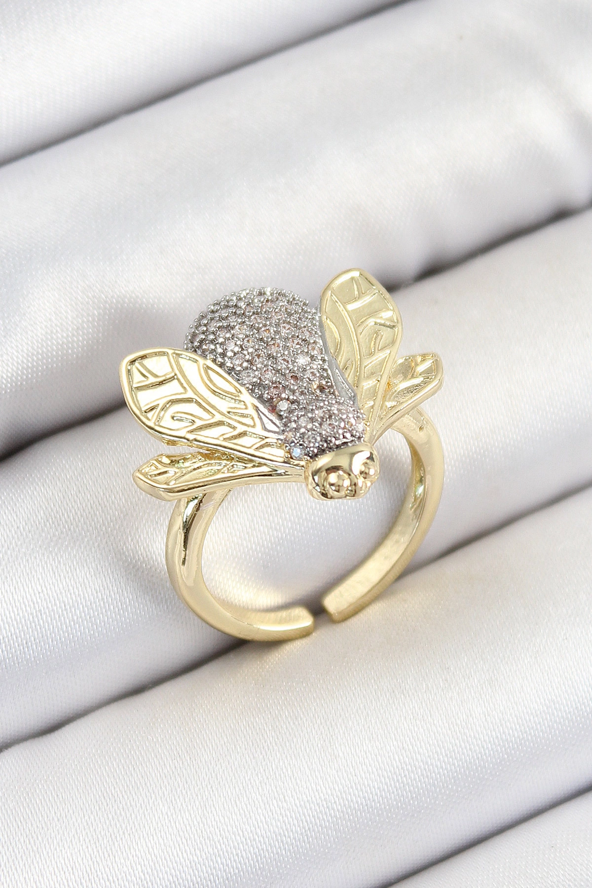 Pirinç Zirkon Taşlı Arı Model Gümüş Ve Gold Renk Kadın Yüzük-0