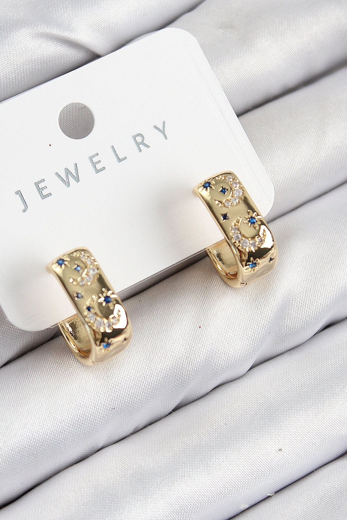 Pirinç Zirkon Taşlı Ay Desenli Model Gold Renk Kadın Küpe-0