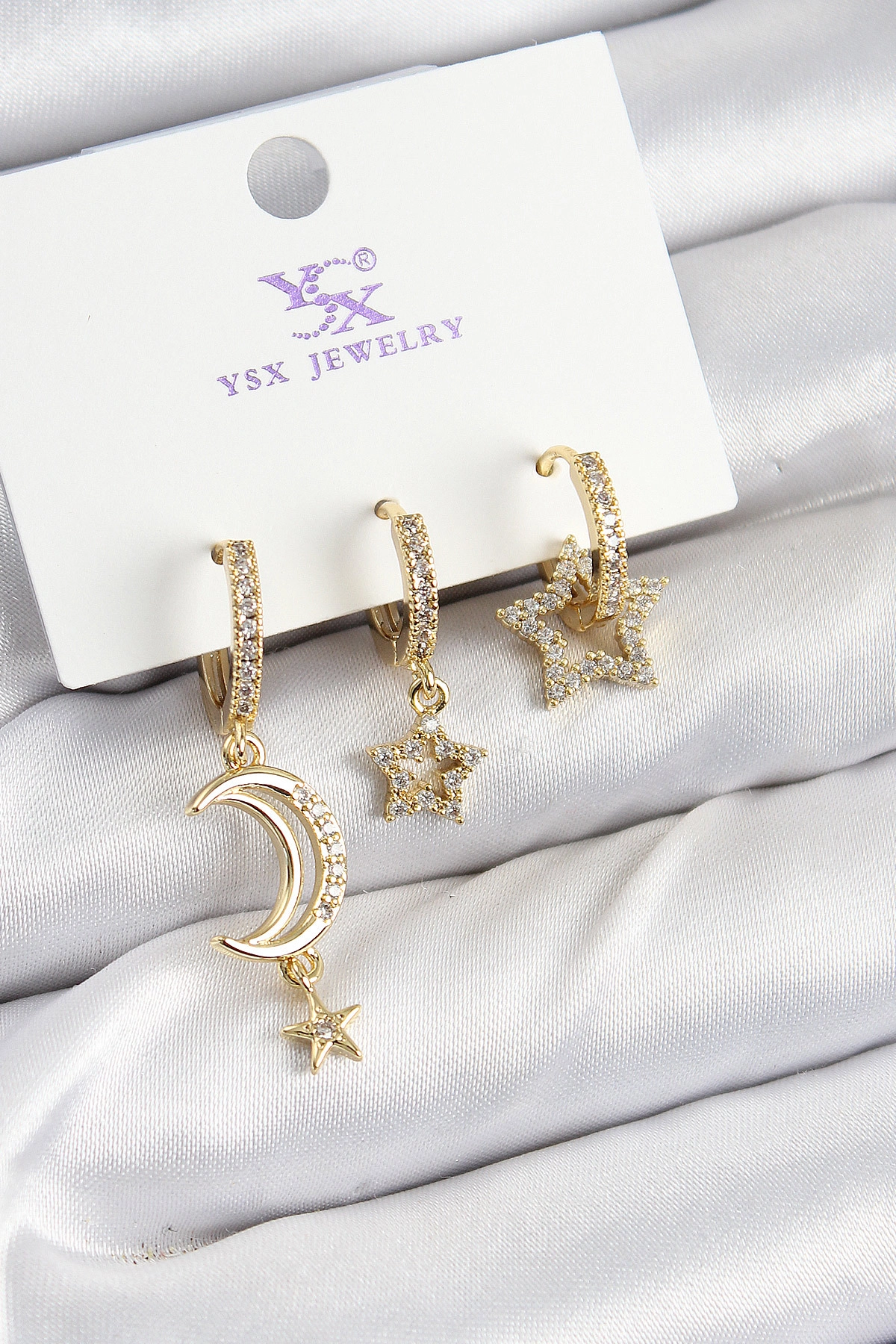 Pirinç Zİrkon Taşlı Ay Ve Hilal Model Gold Renk 3'lü Kadın Küpe-0