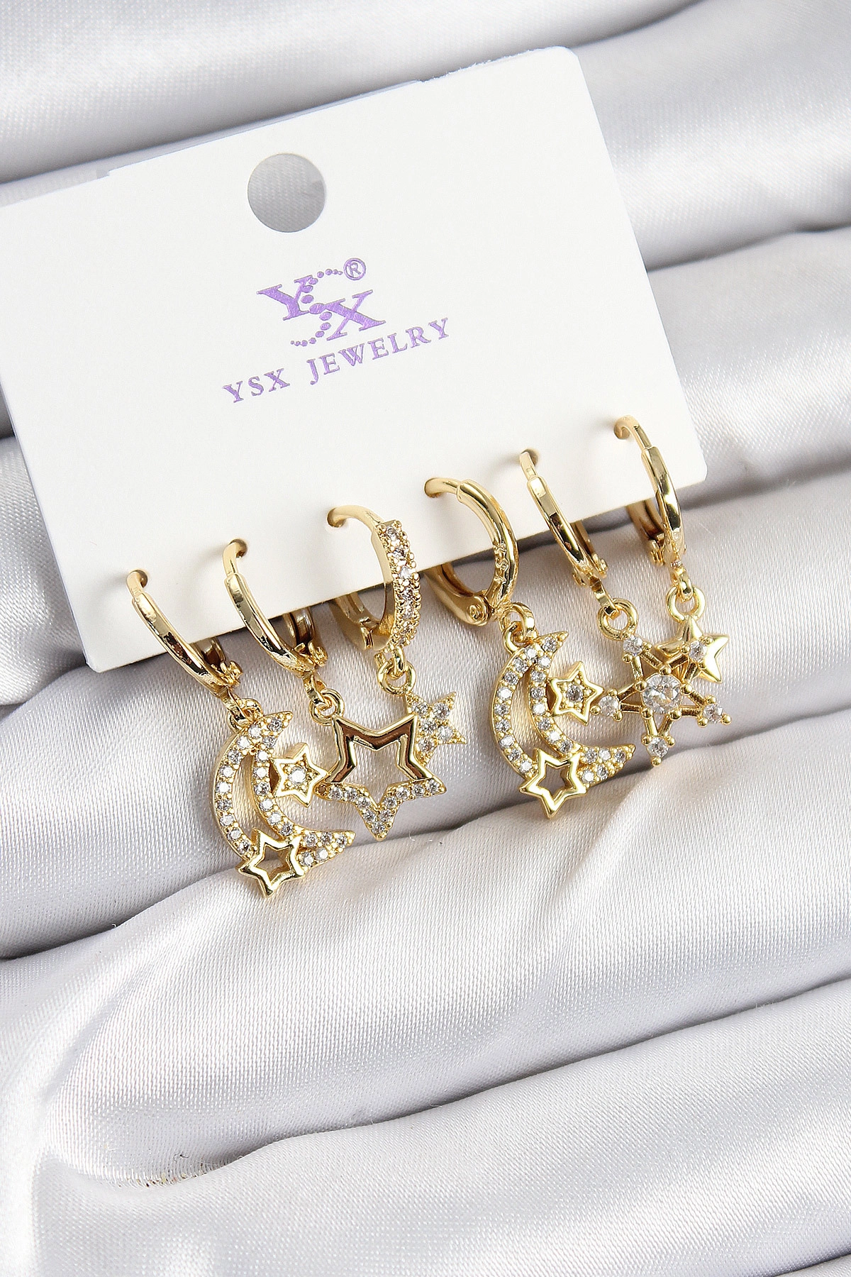 Pirinç Zİrkon Taşlı Ay ve Yıldız Model Gold Renk 3'lü Çift Kadın Küpe-0