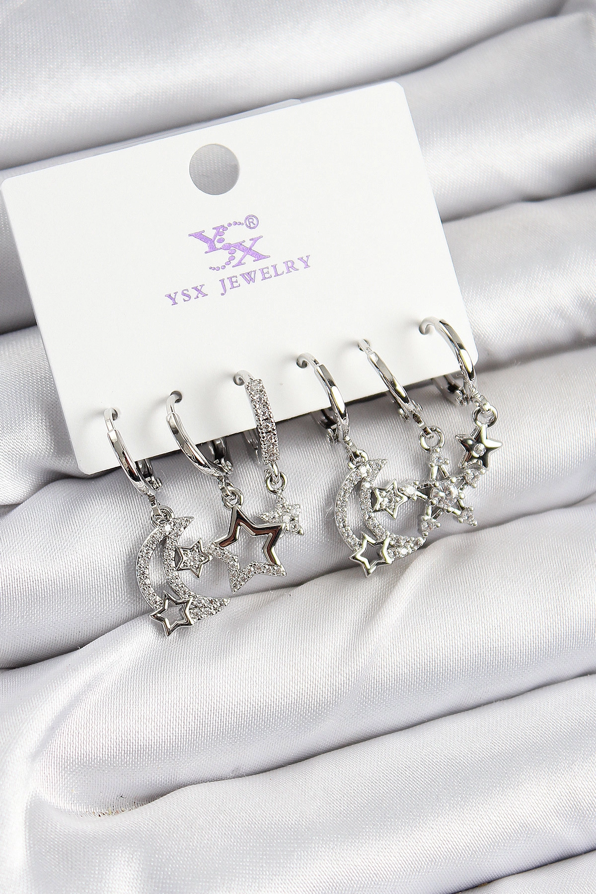 Pirinç Zİrkon Taşlı Ay ve Yıldız Model Gümüş Renk 3'lü Çift Kadın Küpe-0