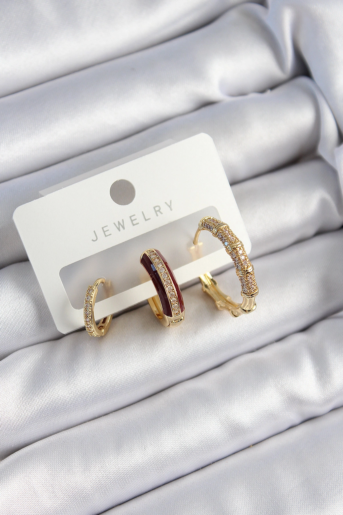 Pirinç Zirkon Taşlı Bordo Halka Model Gold Renk 3'lü Çift Kadın Küpe Set-0