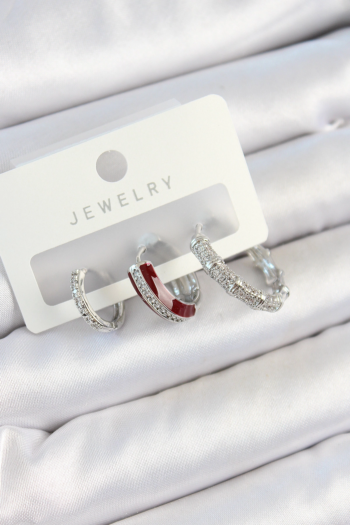 Pirinç Zirkon Taşlı Bordo Pembe Halka Model Gümüş Renk 3'lü Çift Kadın Küpe Set-0