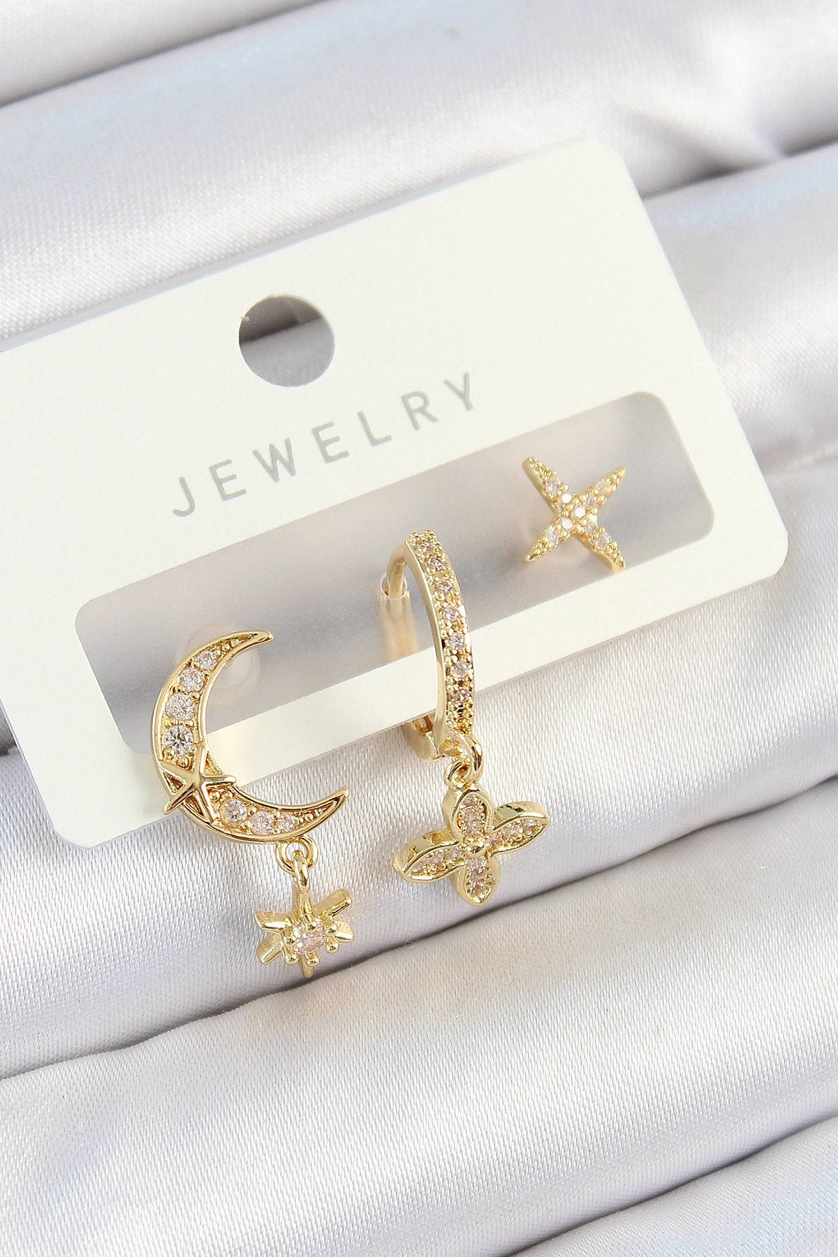 Pirinç Zirkon Taşlı Çiçek Ve Ay Model Gold Renk 3'lü Çift Kadın Küpe Set-0