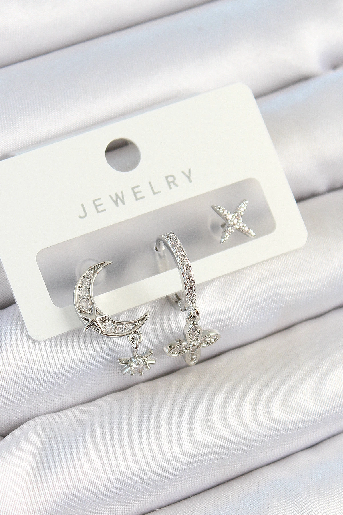 Pirinç Zirkon Taşlı Çiçek Ve Ay Model Gümüş Renk 3'lü Çift Kadın Küpe Set-0