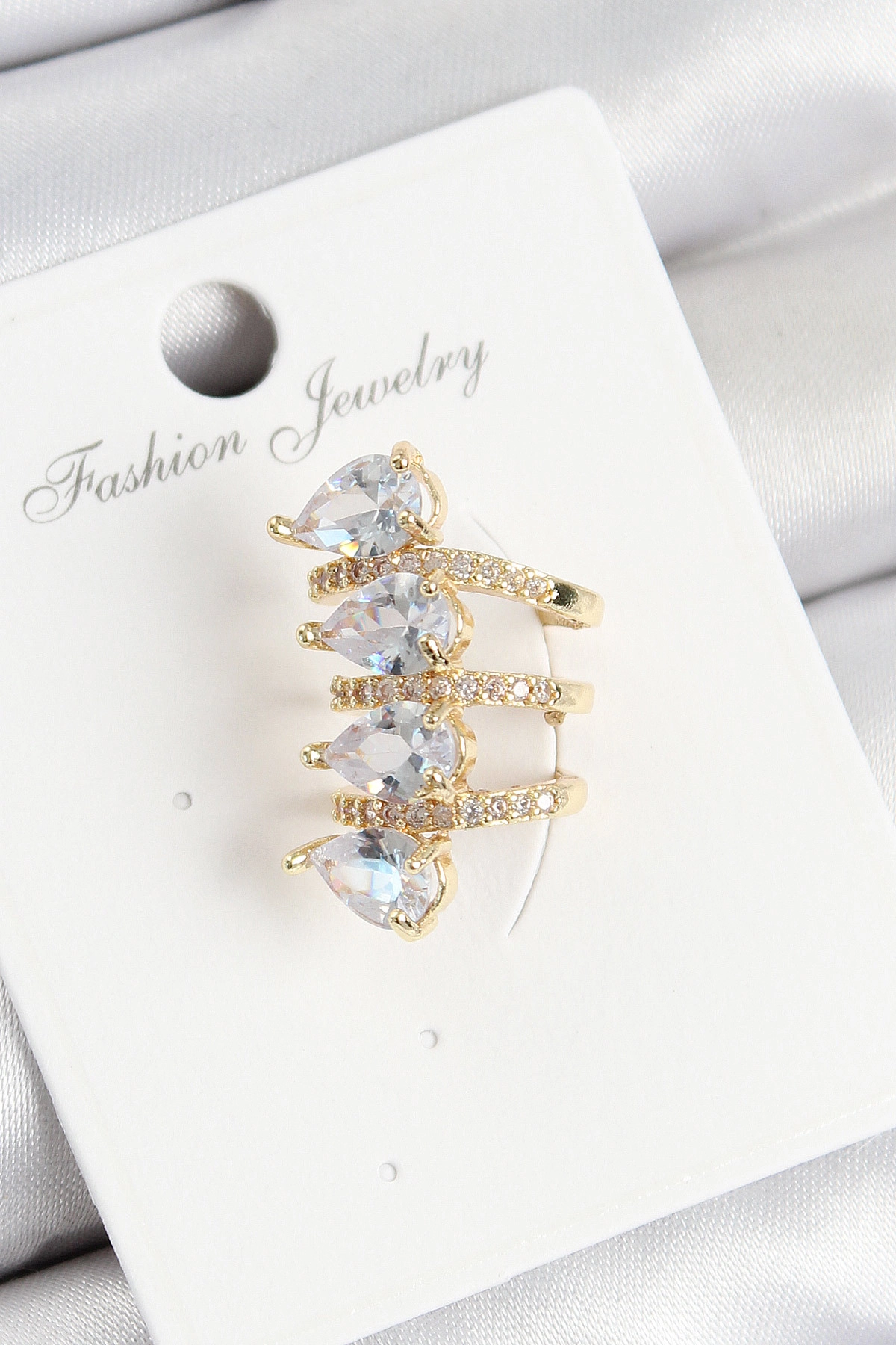 Pirinç Zirkon Taşlı Damla Model Gold Renk Sağ Kıkırdak Küpe-0