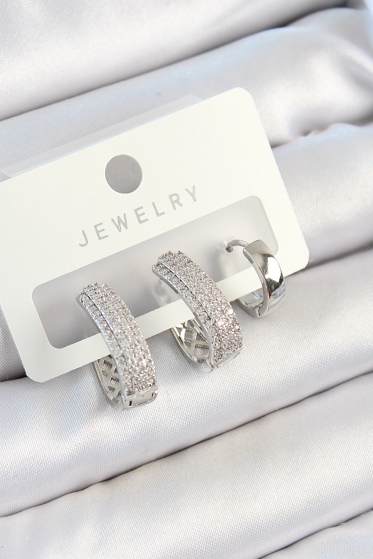 Pirinç Zirkon Taşlı Damla Model Gümüş Renk 3'lü Çift Kadın Küpe Set-0