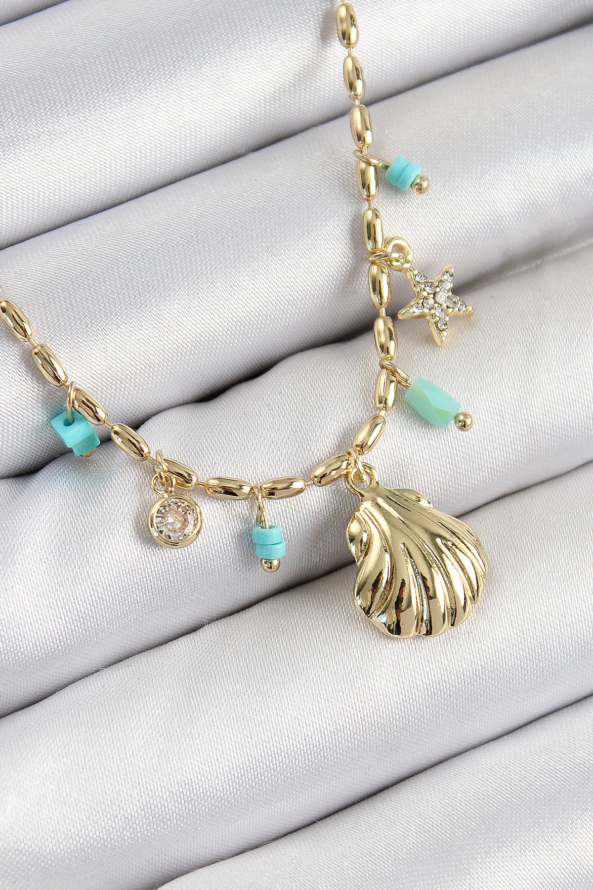 Pirinç Zirkon Taşlı Deniz Kabuğu Model Gold Renk Kadın Kolye-0