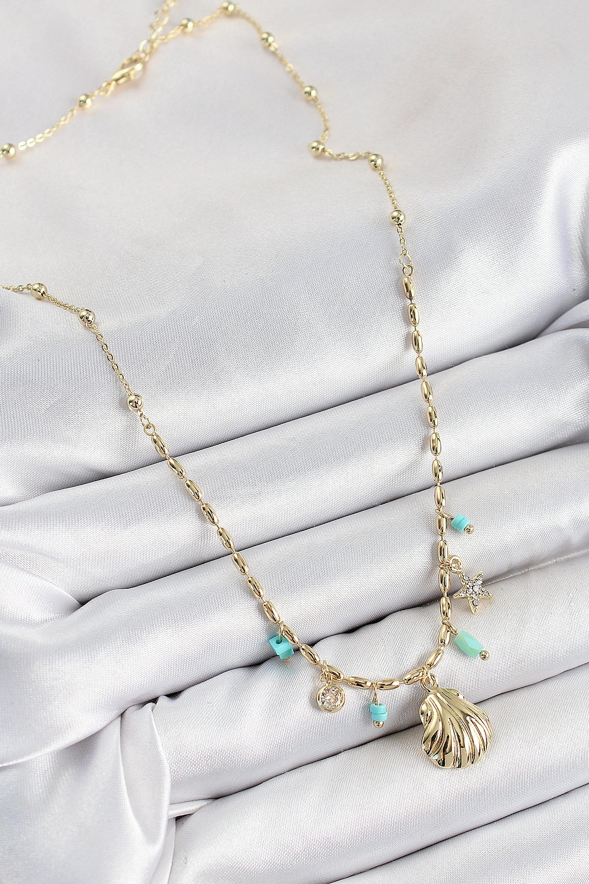 Pirinç Zirkon Taşlı Deniz Kabuğu Model Gold Renk Kadın Kolye-1