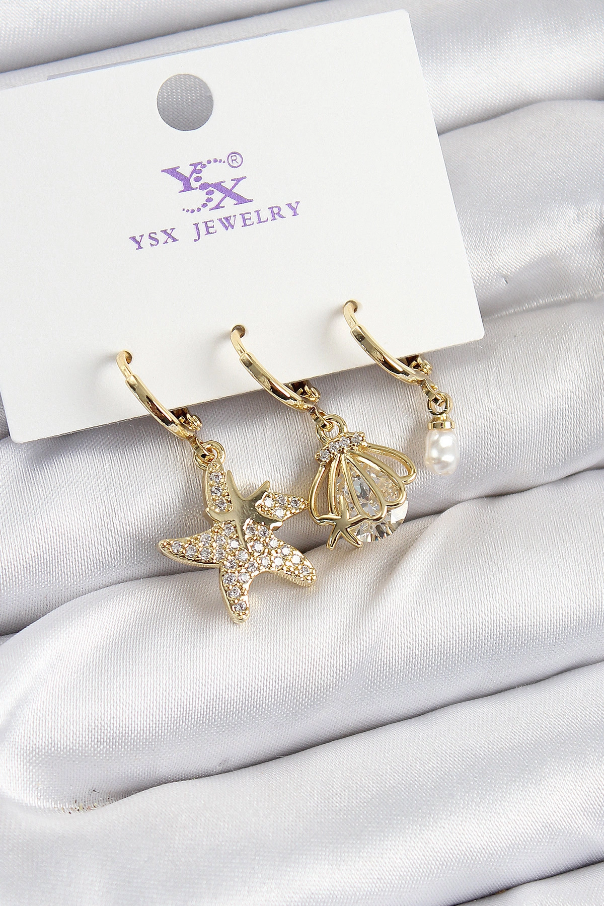 Pirinç Zİrkon Taşlı Deniz Yıldızı Ve İstiridye Model Gold Renk 3'lü Kadın Küpe-0