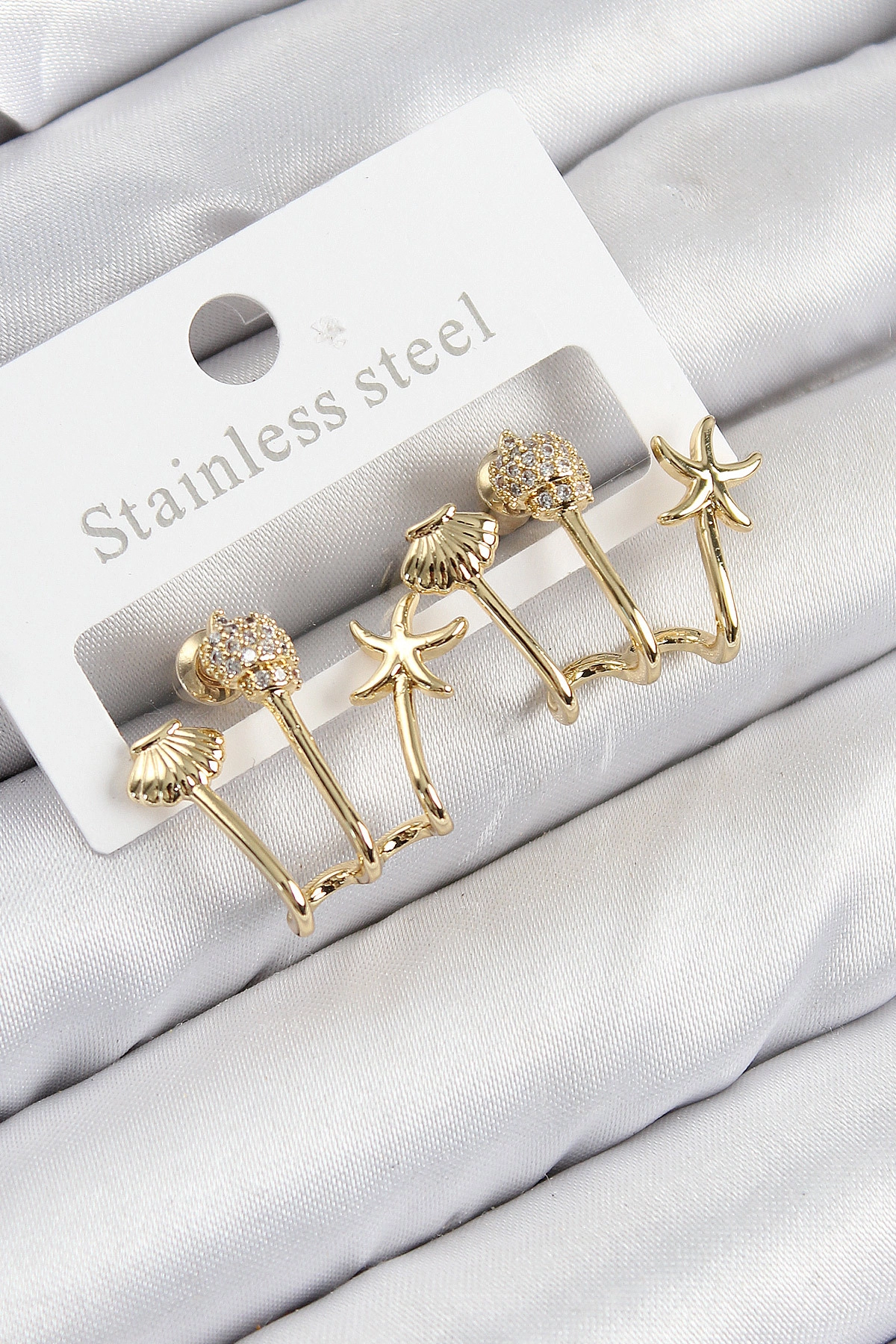 Pirinç Zirkon Taşlı Deniz Yıldızı ve İstiridye Model Gold Renk Kadın Küpe-0