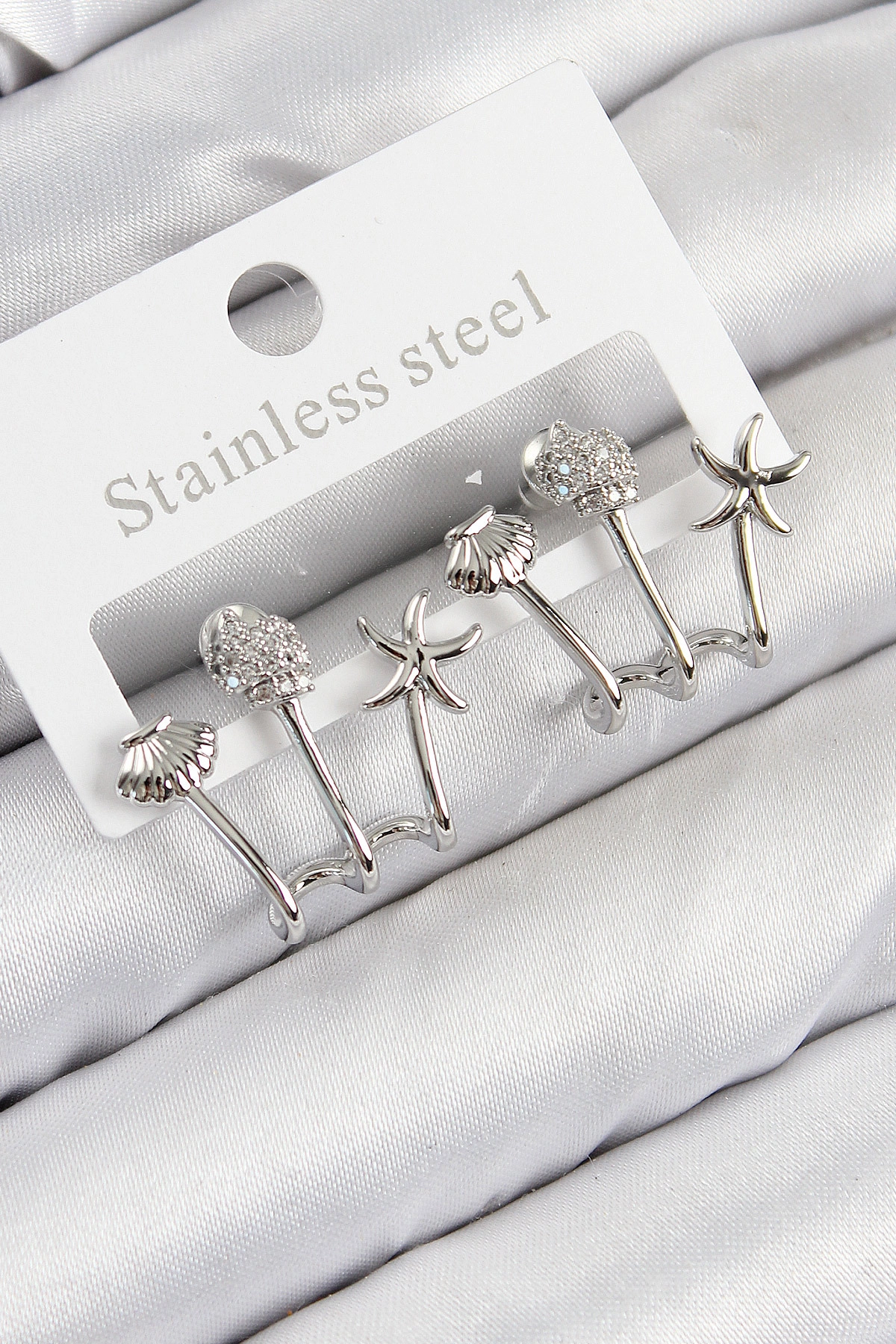 Pirinç Zirkon Taşlı Deniz Yıldızı ve İstiridye Model Gümüş Renk Kadın Küpe-0