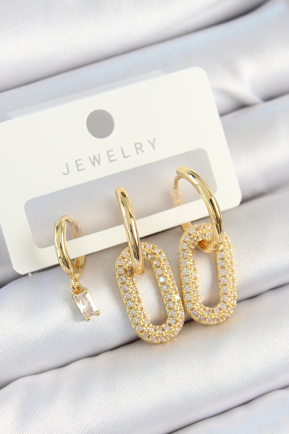 Pirinç Zirkon Taşlı Dikdörtgen Model Gold Renk 3'lü Çift Kadın Küpe Set-0