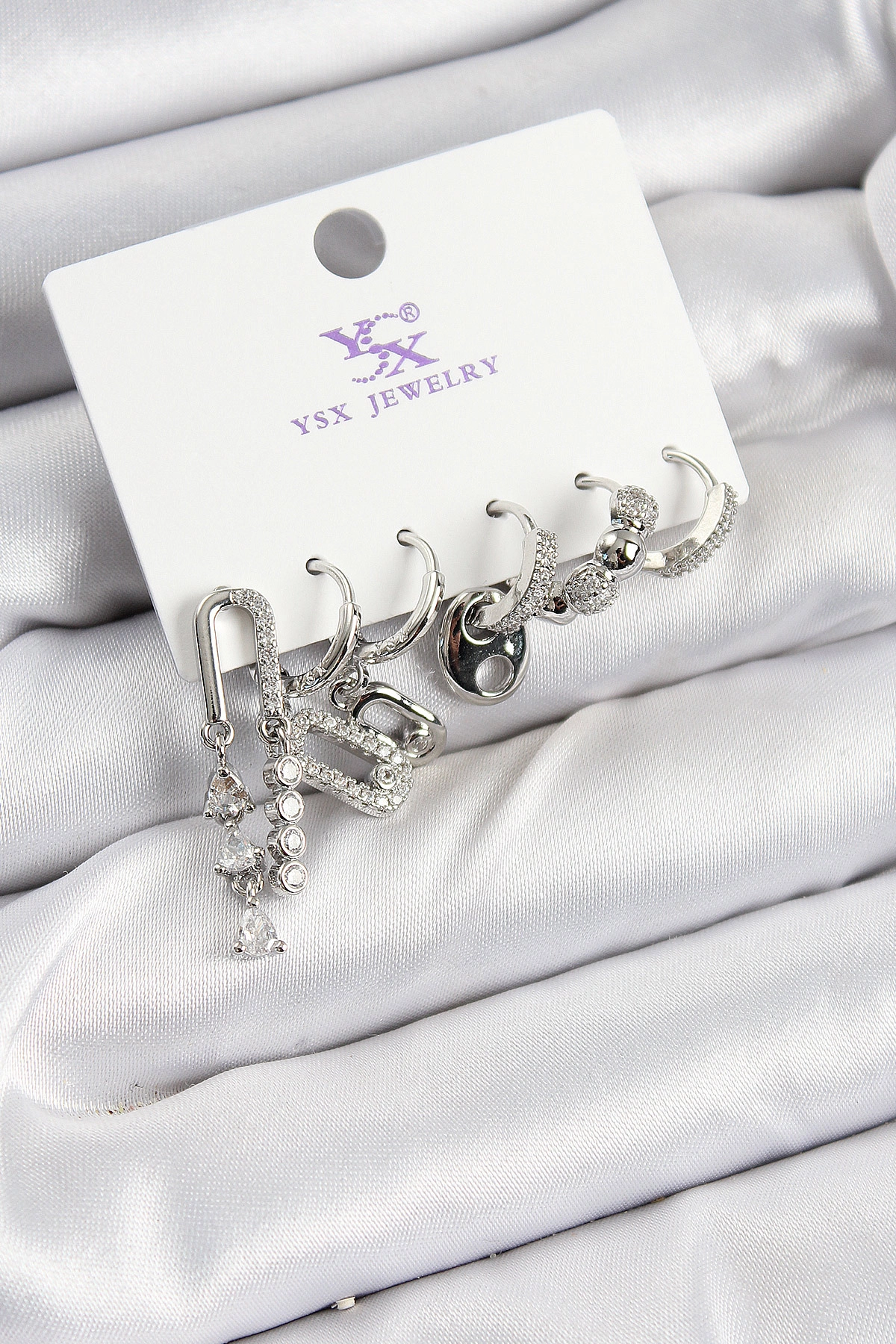 Pirinç Zİrkon Taşlı Dikdörtgen Model Gümüş Renk 3'lü Çift Kadın Küpe-0