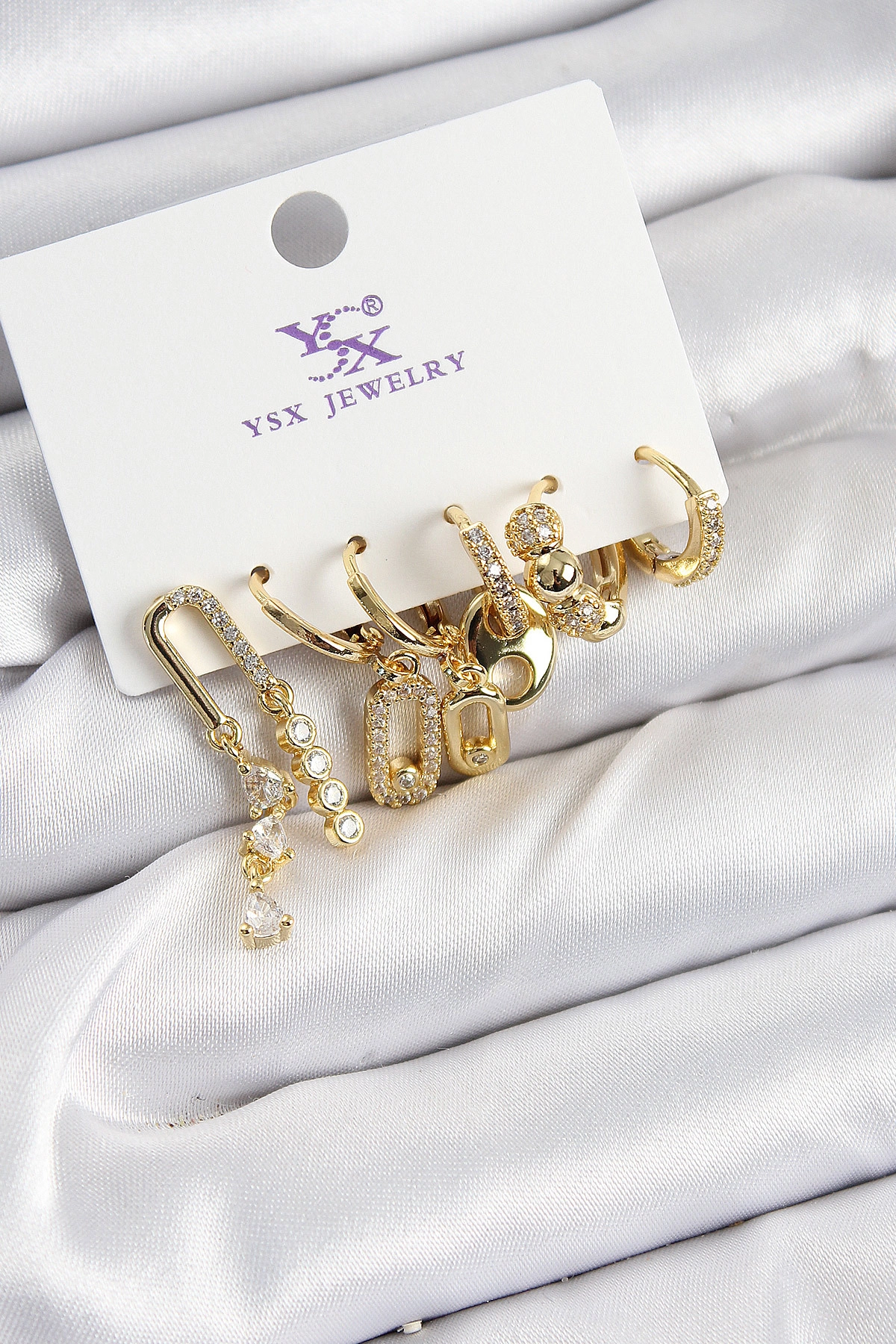 Pirinç Zİrkon Taşlı Dikdörtgen Model Gümüş Renk 3'lü Çift Kadın Küpe-0