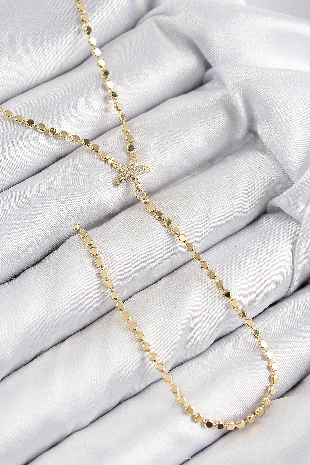 Pirinç Zirkon Taşlı Ezme Zincirli Deniz Yıldızı Model Gold Renk Y Kolye-0