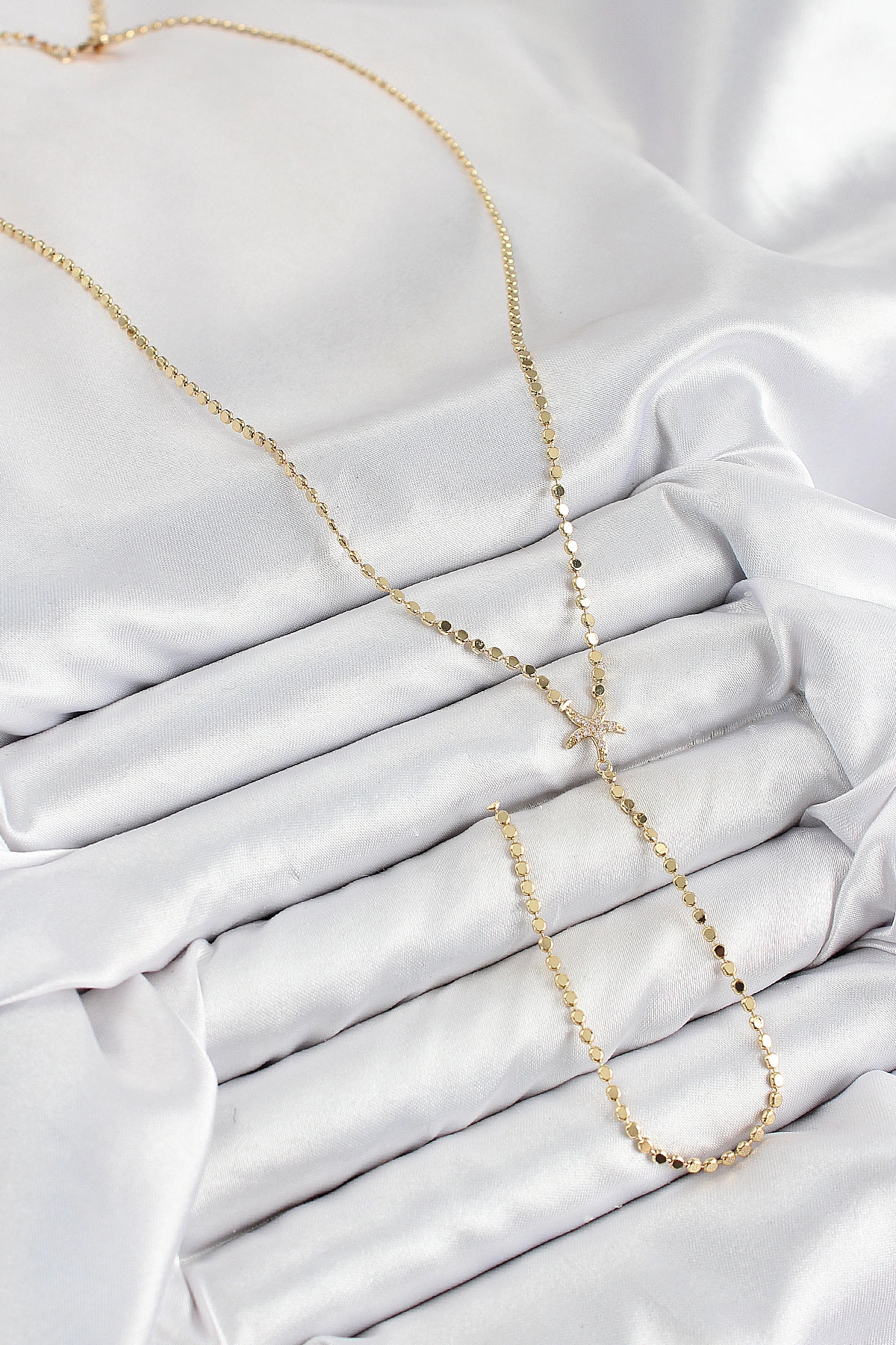 Pirinç Zirkon Taşlı Ezme Zincirli Deniz Yıldızı Model Gold Renk Y Kolye-1