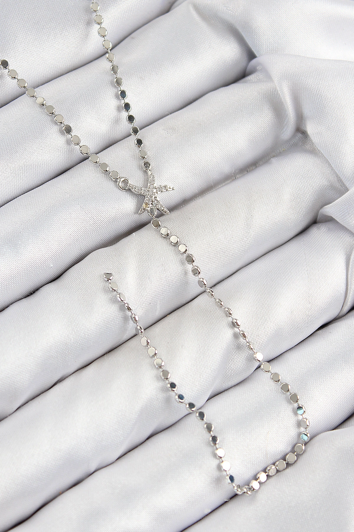 Pirinç Zirkon Taşlı Ezme Zincirli Deniz Yıldızı Model Gümüş Renk Y Kolye-0