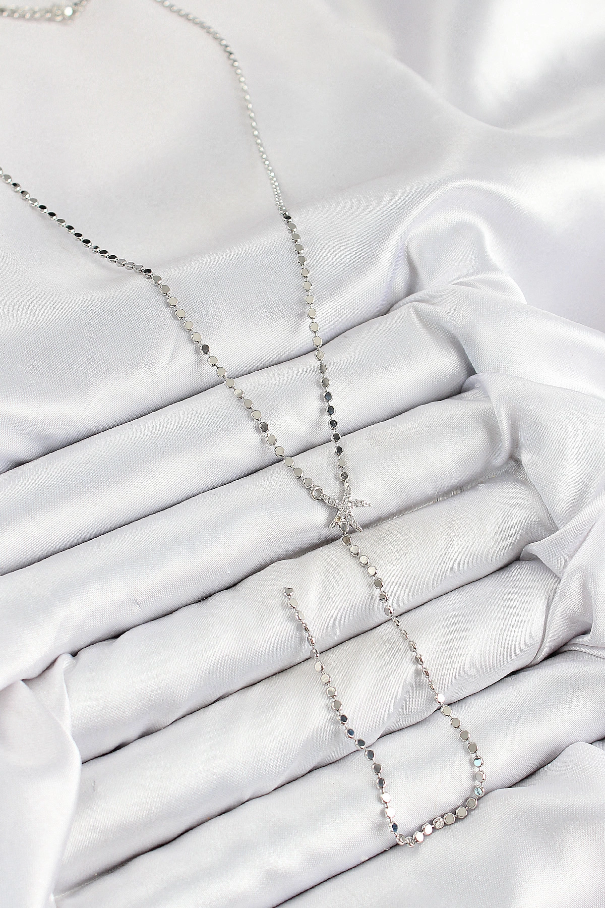 Pirinç Zirkon Taşlı Ezme Zincirli Deniz Yıldızı Model Gümüş Renk Y Kolye-1