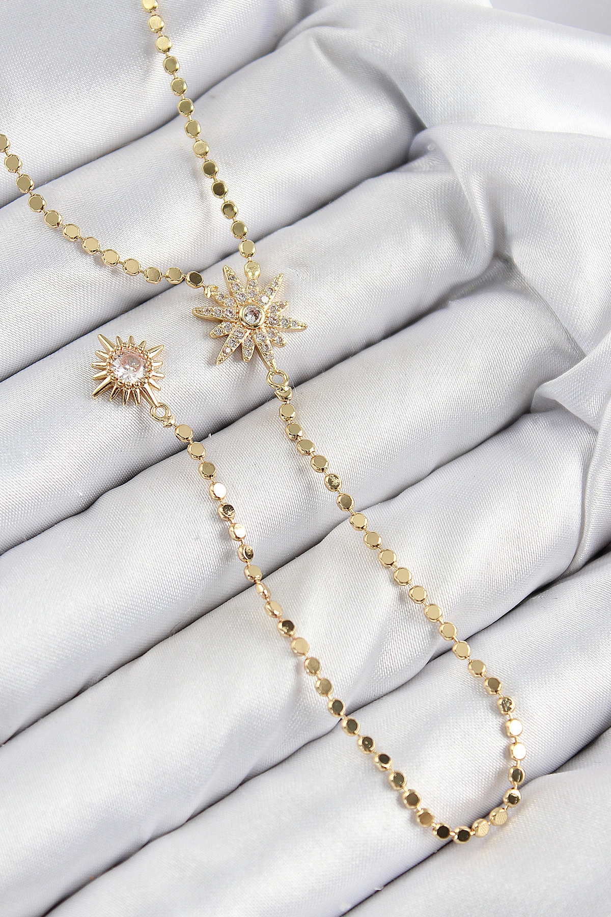 Pirinç Zirkon Taşlı Ezme Zincirli Kutup Yıldızı Model Gold Renk Y Kolye-0